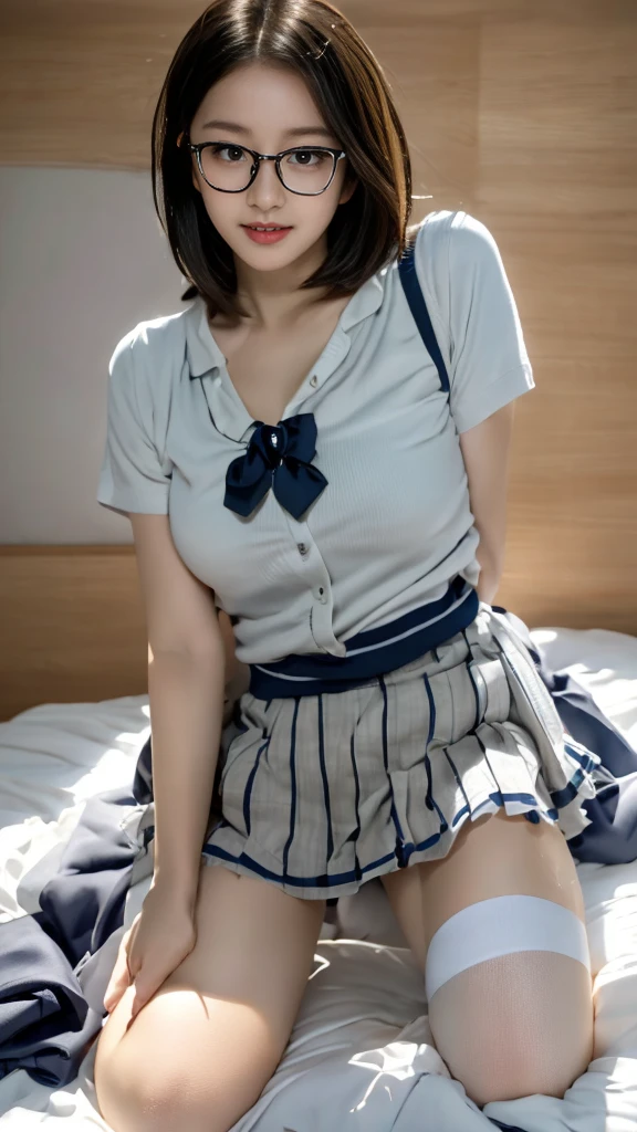 A beautiful girl, full body, best quality, masterpiece, realistic, photo-realistic, 8k, RAW photo, all body, 18 years old, beautiful skin, short hair, cute face, mini skirt, glasses, cowgirl position, spread legs, sitting on bed, (from below:1.3), Low Key Lighting, school uniform, wearing high socks,