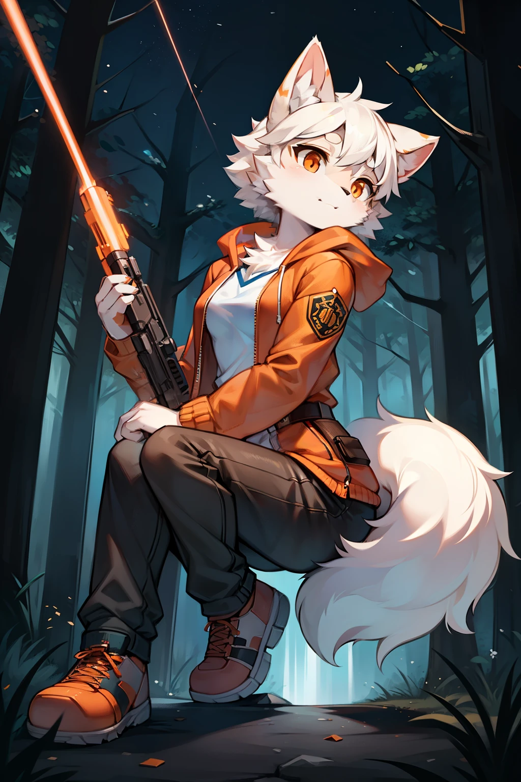 Full body female love,teen wolf,number,masterpiece，Orange down jacket,hairy tail,Highest image quality,8k,Full HD backgrounds，cartoon style，charming，Komono、Pants，male，stuffed toys，hairy，white fur，white body，white ears，orange eyes，the only person, wolf tail, wolf ears, ((broken into pieces)),soft lines，soft lines of clothing，night，The Force Awakens，sniper rifle，Aim and shoot，laser bullet，Thunder and lightning surround the body，meteor，forest