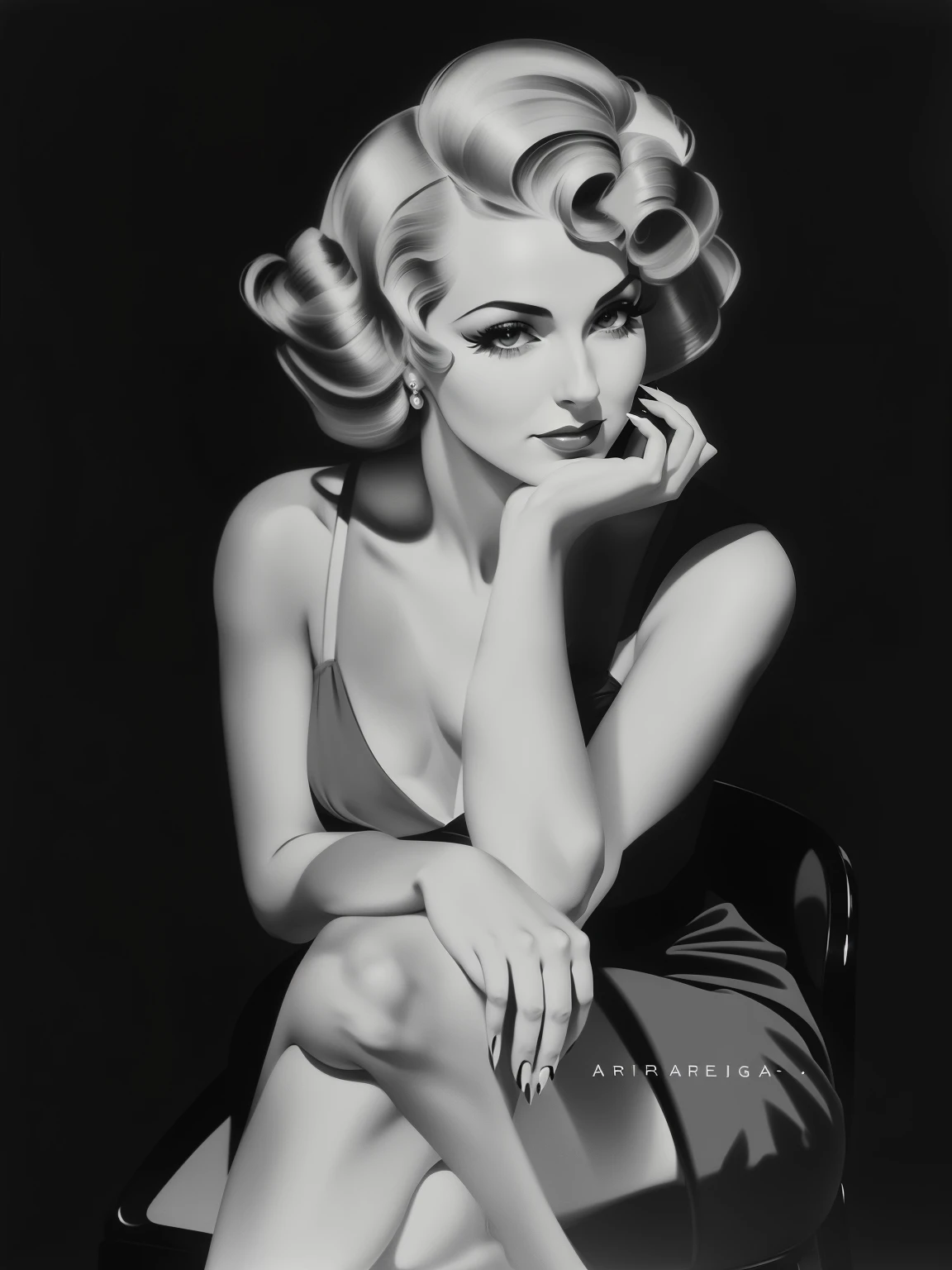 Arafed black and white photo of a woman sitting on a chair, Inspired by Horst Antes, Inspired by Stanley Artgerm, Airbrush single color painting, inspired by George Hurrell, inspired by Alberto Vargas, Inspired by Richard Avedon, Art Germ Moody Photo, Portrait of Madonna, drawn in the style of artgerm, Inspired by Marilyn Bendel
