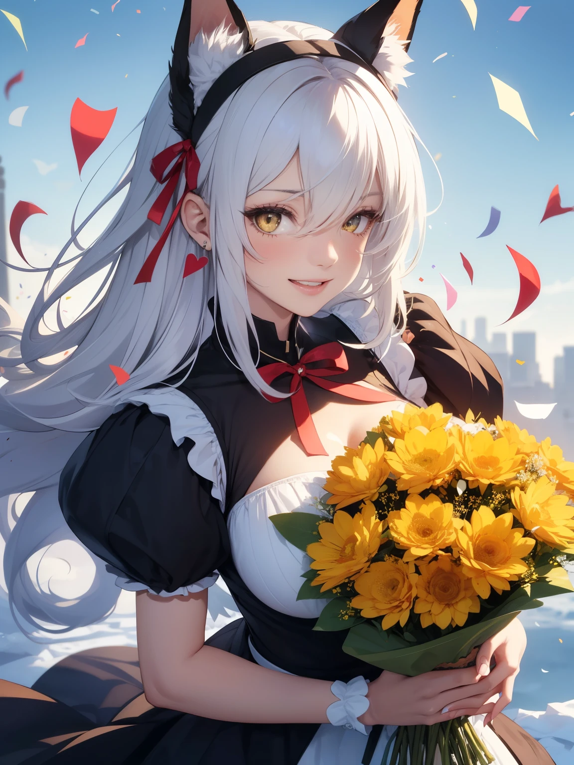 (best quality, 4k, 8k, highres, masterpiece:1.2), 1girl, ultra-detailed, detailed face, detailed lips and eyes, expressive face, realistic,
BREAK,
BLARKY beautiful caucasian woman with very long straight white hair, (yellow eyes), fair skin, expressive face, attractive appearance, animal ear fluff, animal ears, bangs, blush, extra ears, yellow fox ears, fox girl, fox tail, hair between eyes, large breasts, long hair,
BREAK
Classic Snow White Ensemble,
BREAK
Puff-Sleeved Blue and Yellow Dress,
Create the iconic look with a puff-sleeved dress in royal blue and yellow, capturing Snow White’s classic style,
BREAK
Red Ribbon Headband,
Adorn the hair with a red ribbon headband, reflecting Snow White’s signature accessory,
Black Ballet Flats,
Complete the ensemble with black ballet flats for a timeless and elegant appearance,
BREAK
happy, smiling, open mouth, upper teeth, big smile, good smile, (young woman holds a bouquet of various different flowers in her hand:1.4), (flower bouquet with a big red ribbon wrapped around it:1.4),
BREAK (confetti falling, A very happy young woman holds a large bouquet in her hands, heart, flowers, beautiful background, fantastic:1.6),(heart-shaped baloons with ribbons:1.4)
BREAK
composition looking subject slightly from above, (cowboy shot), blushing, glossy lips, open mouth, natural makeup, long eyelashes, central image, high detail, detailed hairstyle, spectacular cinematic lighting, octane rendering, vibrant, hyper realistic, perfect limbs, perfect anatomy, translucent