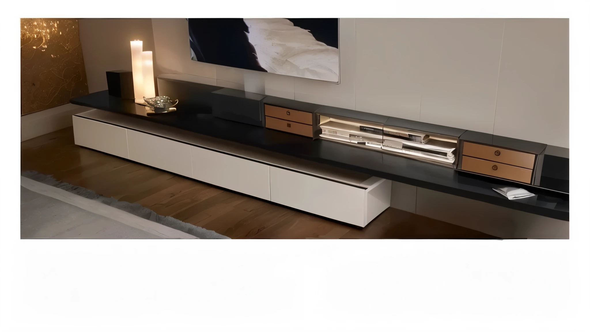 There is a photo of a modern entertainment center,There are candles on it, simple furniture, Modern minimalist f 2 0 clean, 8k high definition high quality, high quality 8 k, 4k. high quality, 8k high quality and resolution, cabinet furniture, modern gallery furniture, high quality, 8k high quality, Superb detail 8K, ( off the shelf )