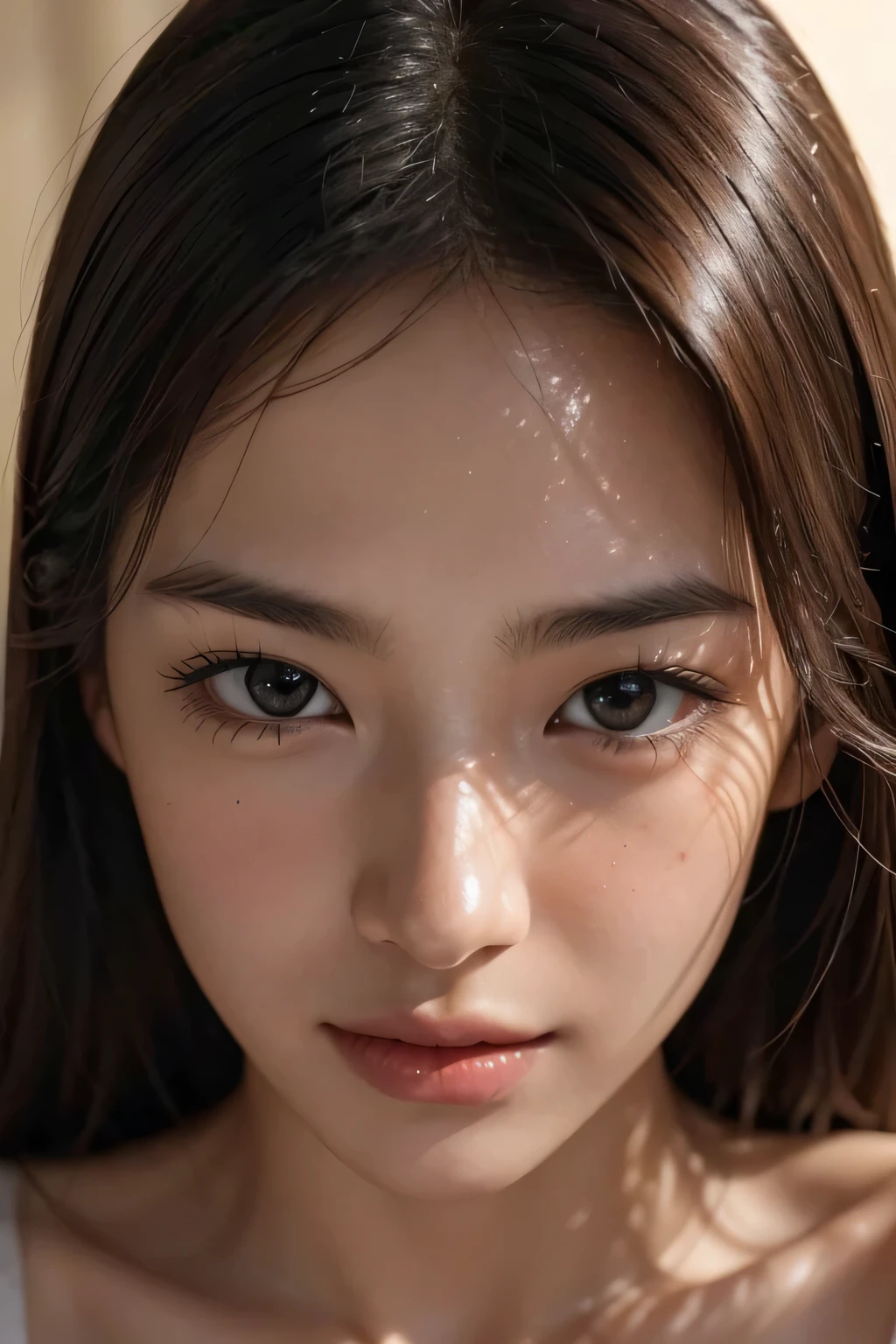 (Enhances the beauty of skin texture:1.1), highest quality、masterpiece, ultra high resolution、(Photoreal:1.4)、RAW photo、1 girl、shiny skin, dramatic lighting, RAW photo, table top:1.3, ultra high resolution:1.0, sharp focus:1.2, beautiful woman with perfect figure:1.4, thin abs:1.2, Highly detailed face and skin texture, fine eyes, double eyelid, perfect facial balance, clean system, smile, Soft light in a beautiful studio, rim light, vivid details, surreal, Fine and beautiful skin, realistic skin, beautiful face, Beautiful woman, high solution face, soft texture, nude, close up of face, glowing skin, face of glory, crazy high resolution, glowing skin, shining face, luster, oily skin, oily face, close up of face, zoom on face, oily skin, oily face, 強いluster, beautiful hair, Kitagawa Keiko、Kuroki Meisa,