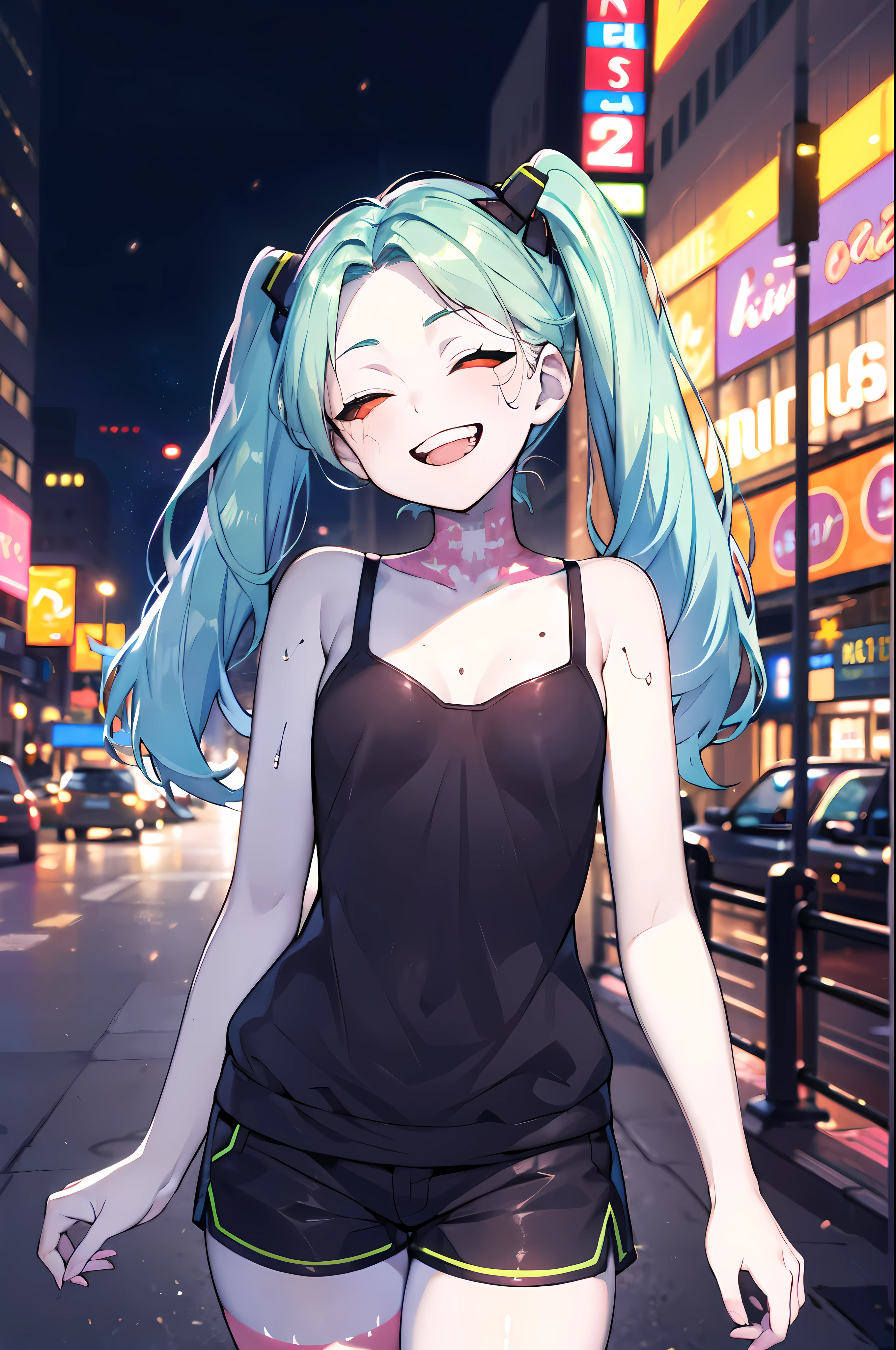 detailed, (masterpiece:1.2), (solo:1.2), (female), slender, outdoors, headtilt, long hair, bare_shoulder, (camisole), twintails, green hair, red eyes, night, shorts, collarbone, night city, smiling, grinning, (winking:1.5)