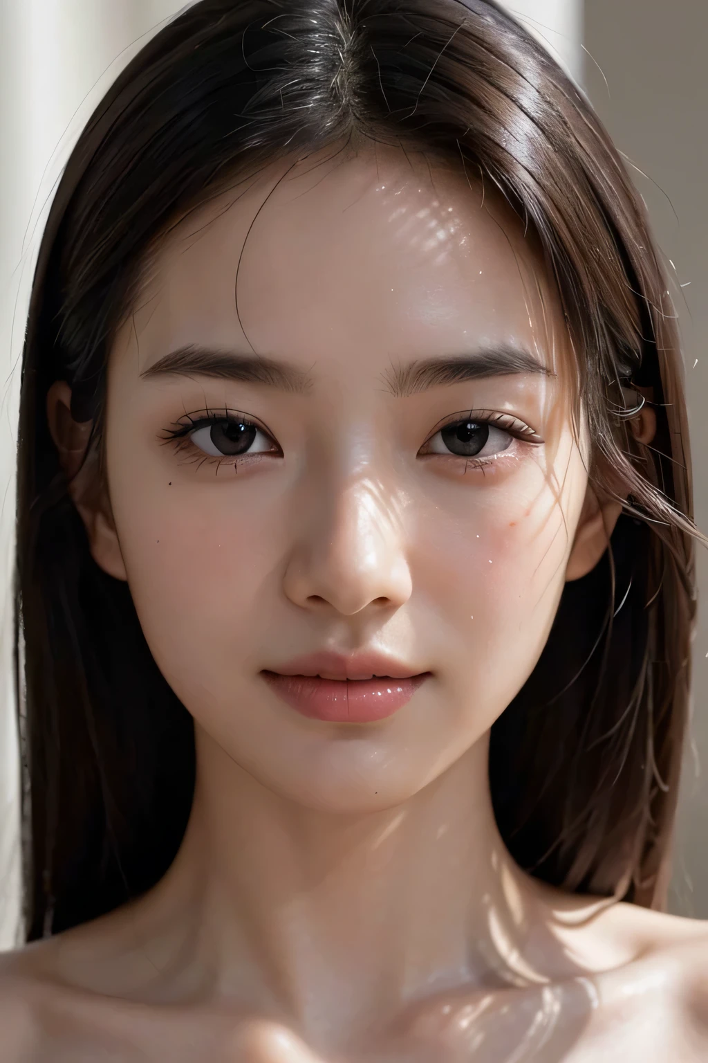 (Enhances the beauty of skin texture:1.1), (Enhances the beauty of skin texture:1.1), highest quality、masterpiece, ultra high resolution、(Photoreal:1.4)、RAW photo、1 girl、shiny skin, dramatic lighting, RAW photo, table top:1.3, ultra high resolution:1.0, sharp focus:1.2, beautiful woman with perfect figure:1.4, thin abs:1.2, Highly detailed face and skin texture, fine eyes, double eyelid, perfect facial balance, clean system, smile, Soft light in a beautiful studio, rim light, vivid details, surreal, Fine and beautiful skin, realistic skin, beautiful face, Beautiful woman, high solution face, soft texture, nude, close up of face, glowing skin, face of glory, crazy high resolution, glowing skin, shining face, luster, oily skin, oily face, close up of face, zoom on face, oily skin, oily face, 強いluster, beautiful hair, Kitagawa Keiko、Kuroki Meisa,