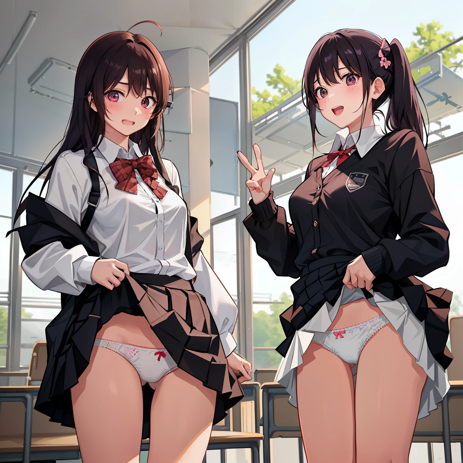 ((2 girls))、laughter、blush、shirt、のskirt、、((fun!))(small breasts)、chiralism、black hair、()、(黒いskirt:1.3)、bow, button, 襟の付いたshirt, long sleeve, マイクロskirt, プリーツskirt、(Jacket)、 skirt, socks, thighs, 白い shirt, ((classroom:1.5)),(skirtを掴む:1.5)、 (perfect hands, perfect anatomy),cowboy shot、(skirt lift:1.3),(highly detailed white panties:1.3)、(highly detailed panties:1.3)、、(skirt that rolls up:1.3)、(fully exposed panties:1.5)、
