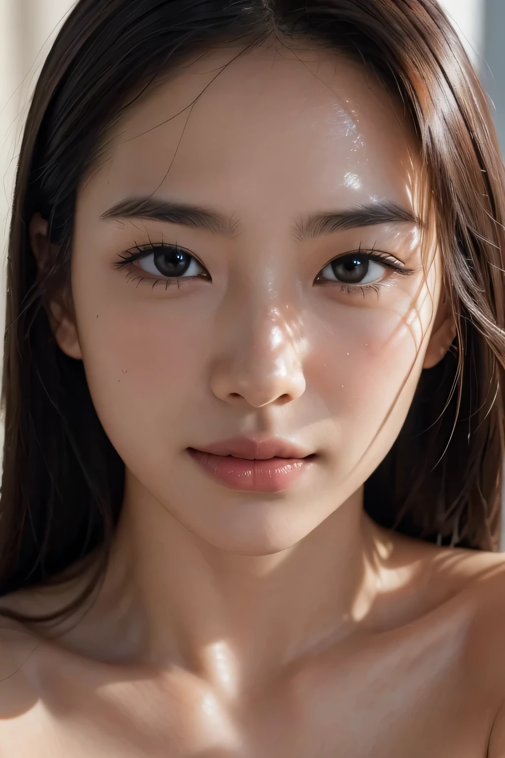 (Enhances the beauty of skin texture:1.1), (Enhances the beauty of skin texture:1.1), highest quality、masterpiece, ultra high resolution、(Photoreal:1.4)、RAW photo、1 girl、shiny skin, dramatic lighting, RAW photo, table top:1.3, ultra high resolution:1.0, sharp focus:1.2, beautiful woman with perfect figure:1.4, thin abs:1.2, Highly detailed face and skin texture, fine eyes, double eyelid, perfect facial balance, clean system, smile, Soft light in a beautiful studio, rim light, vivid details, surreal, Fine and beautiful skin, realistic skin, beautiful face, Beautiful woman, high solution face, soft texture, nude, close up of face, glowing skin, face of glory, crazy high resolution, glowing skin, shining face, luster, oily skin, oily face, close up of face, zoom on face, oily skin, oily face, 強いluster, beautiful hair, Kitagawa Keiko、Kuroki Meisa, whitening, Pottery muscles