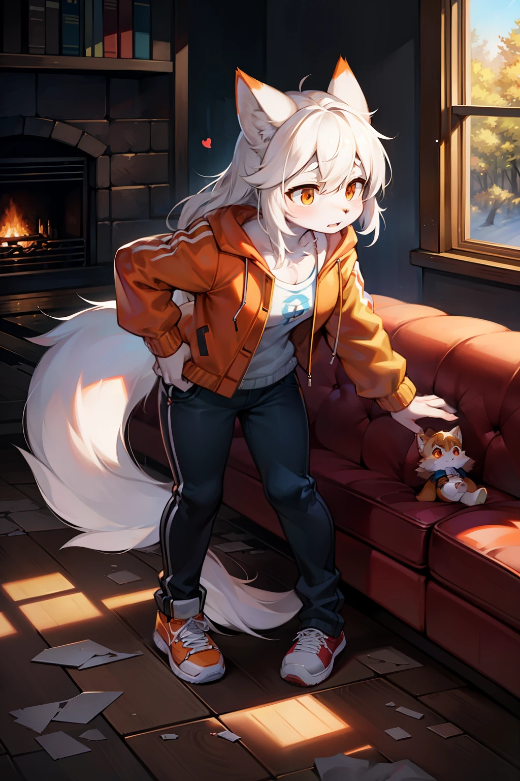 living room，Full body female love,teen wolf,number,masterpiece，Orange down jacket,hairy tail,Highest image quality,8k,Full HD backgrounds，cartoon style，charming，Komono、Pants，male，stuffed toys，hairy，white fur，white body，white ears，orange eyes，the only person, wolf tail, wolf ears, ((broken into pieces)),soft lines，soft lines of clothing，night，forest