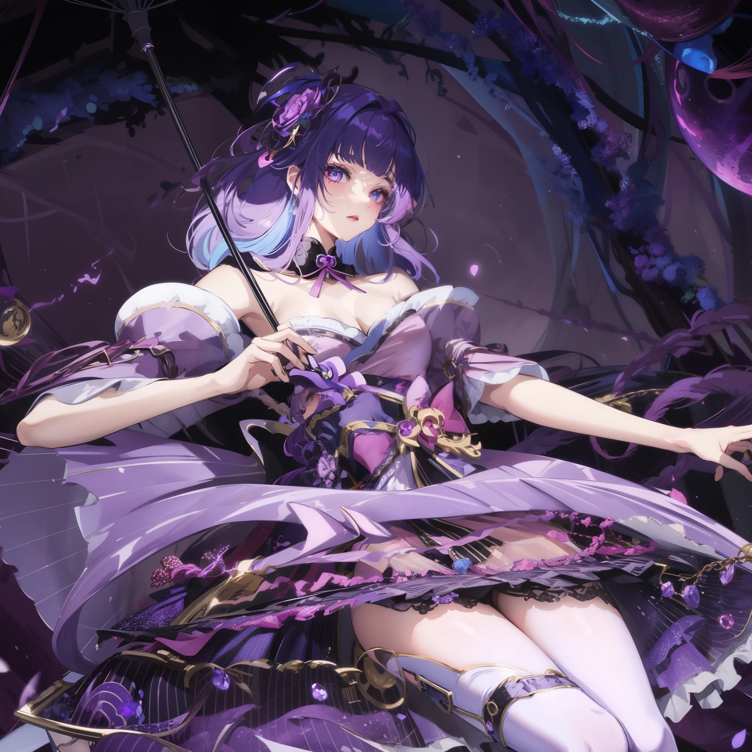 Anime girl in purple skirt holding umbrella in dark room, Moon themed clothing, fantasy costumes, rococo cyberpunk, Elegant Gothic Princess, black and purple clothing, gothic shoujo anime girl, Astral Witch Clothes, lolita fashion, ((beautiful fantasy queen)), Charming hypnotic woman, Dress up in dreamy formal attire, lulua workshop, fairy tale core, I&#39;m going
