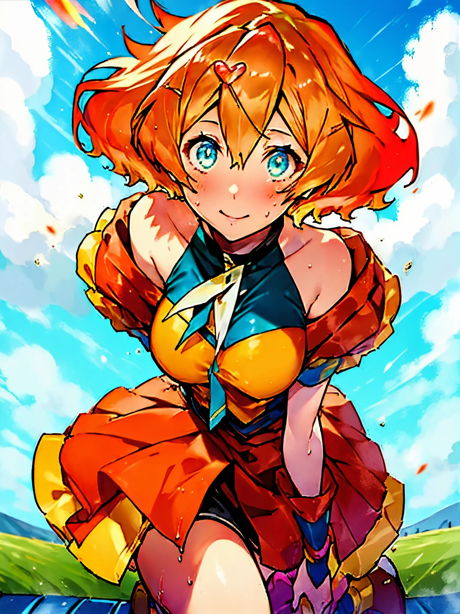 Freyabion,Freyabion Macross Delta,short hair(red orange hair 9:yellow hair 1),green ruby eyes,1 girl, alone,(highest quality),(masterpiece:1.1), whole body, I'looking for_viewer, , cute, beautiful facial skin,(Very delicate eyes), (Cheerleader),pleated skirt,stripedsocks,sneakers, (whole body), small breasts, lower, (sweaty), sweaty Wet Clothes, (yellow clothes), , navel support, playground, (jump), (jump), 足を曲げてjumpする, air, blue sky, grassland,mouth is open, smile,Cheerleader, pom pom(masterpiece:1.2), highest quality, High resolution, unity 8k wallpaper, (shape:0.8), (beautiful and detailed eyes:1.6), highly detailed face, perfect lighting, Very detailed CG, (perfect hands, perfect anatomy),
