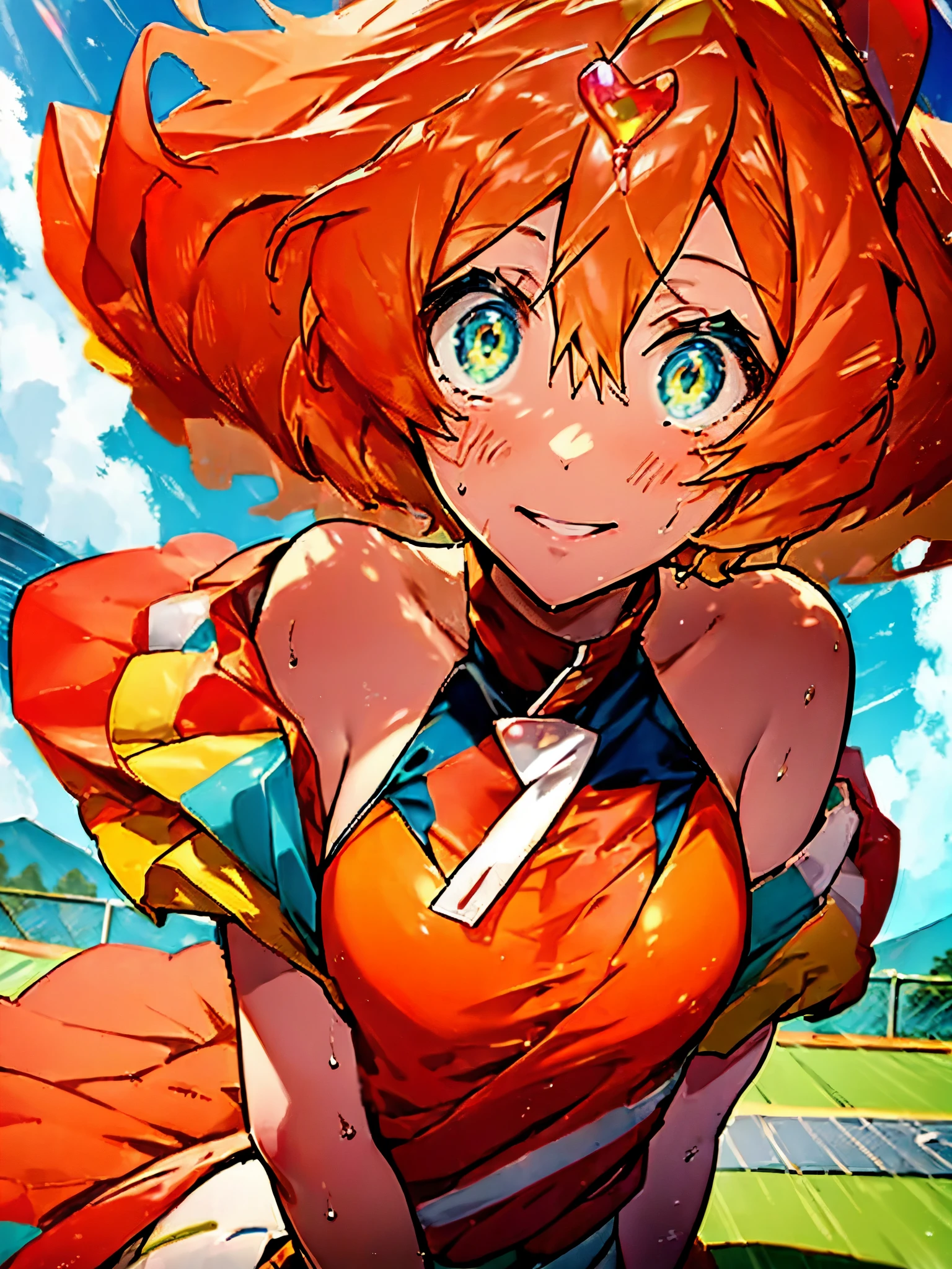 Freyabion,Freyabion　Macross Delta,short hair(red orange hair 9:yellow hair 1),green ruby eyes,1 girl, alone,(highest quality),(masterpiece:1.1), whole body, I&#39;looking for_viewer, , cute, beautiful facial skin,(Very delicate eyes), (Cheerleader),pleated skirt,stripedsocks,sneakers, (whole body), small breasts, lower, (sweaty), sweaty Wet Clothes, (yellow clothes), , navel support, playground, (jump), (jump), 足を曲げてjumpする, air, blue sky, grassland,mouth is open, smile,Cheerleader, pom pom(masterpiece:1.2), highest quality, High resolution, unity 8k wallpaper, (shape:0.8), (beautiful and detailed eyes:1.6), highly detailed face, perfect lighting, Very detailed CG, (perfect hands, perfect anatomy),