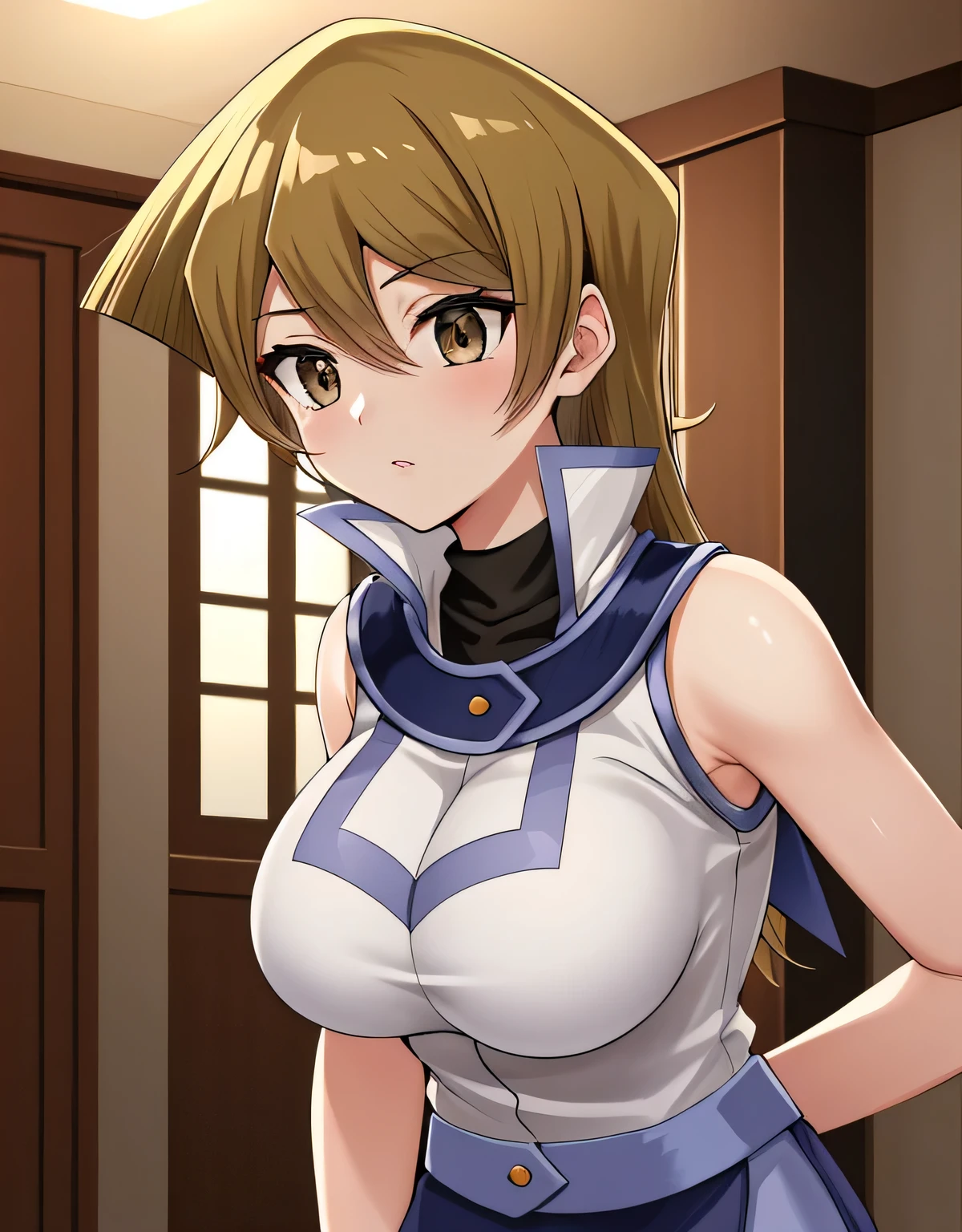 TenjouinAsukaDef,long hair,前hair,hair between eyes,brown eyes, long hair, skirt, shirt, bare shoulders, school uniform, white shirt, No sleeve, shiny, belt, miniskirt, blue skirt, No sleeve shirt, turtleneck, Duel Academy uniform (Yu-Gi-Oh! GX), tenjouin asuka,indoor hall,(big breasts:1.5),shiny,hair,((alone)),((masterpiece)),((highest quality)),perfect anatomy,slim waist,perfect image,8k UHD,(detailed and beautiful eyes:1.3),highly detailed face,Are standing,(Upper body:1.1),(look ahead:1.1),back arm,super detailed,disorganized,High resolution,