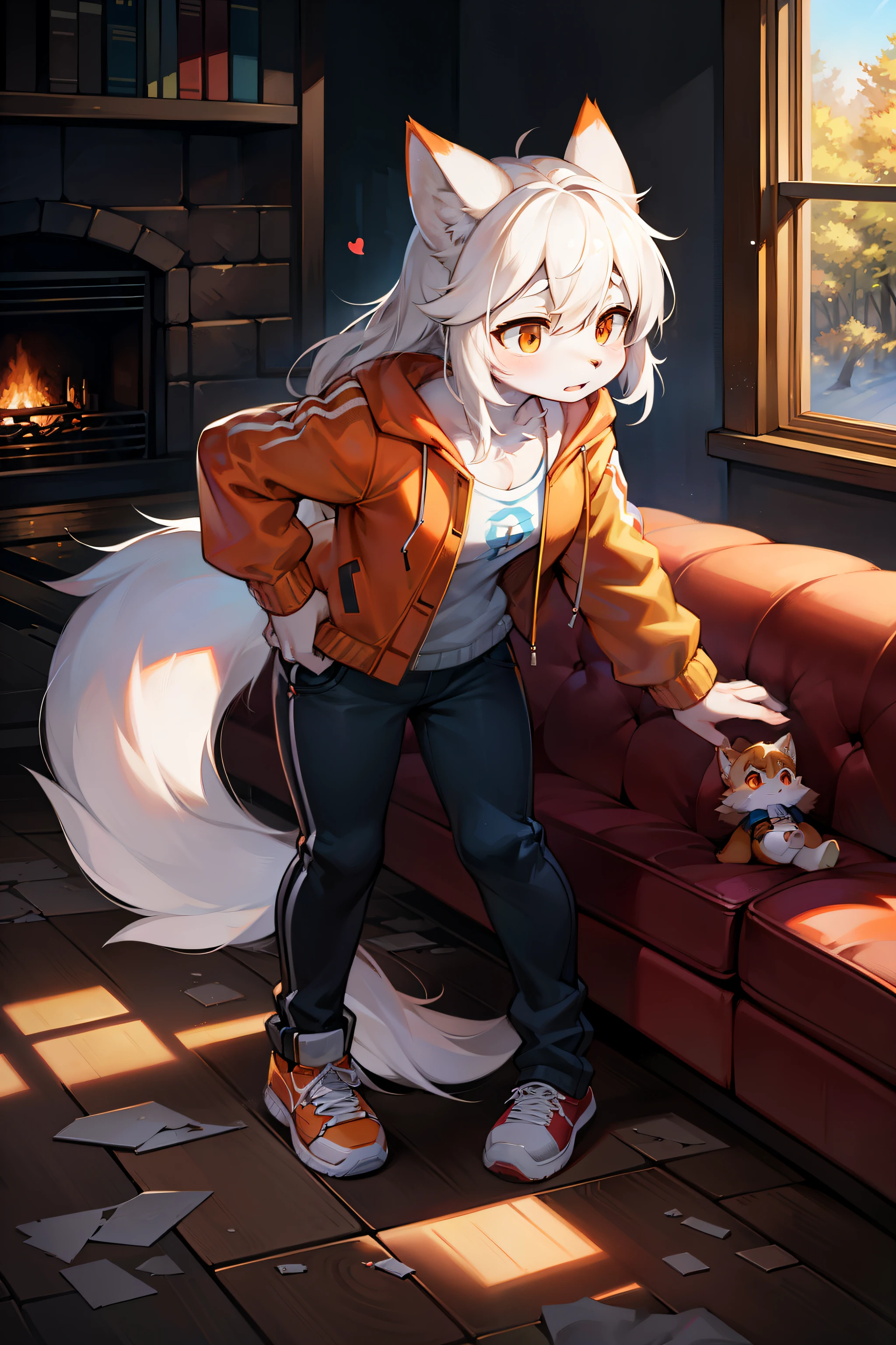 living room，Full body female love,Young Wolf,number,masterpiece，Orange down jacket,hairy tail,Highest image quality,8k,Full HD backgrounds，cartoon style，charming，Komono、Pants，male，stuffed toys，hairy，white fur，white body，white ears，orange eyes，the only person, wolf tail, wolf ears, ((broken into pieces)),soft lines，soft lines of clothing，night，forest