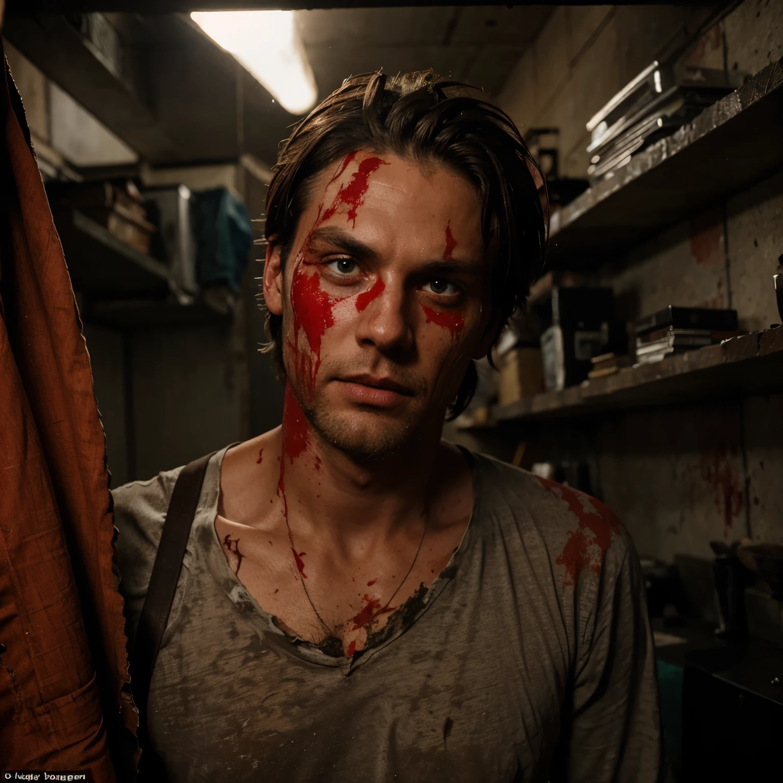 Razor is a 7 ft tall man, wearing a dirty bloody shirt and a slight ripped jeans and his face look rough and his eyes, red as they are glowing out of rage