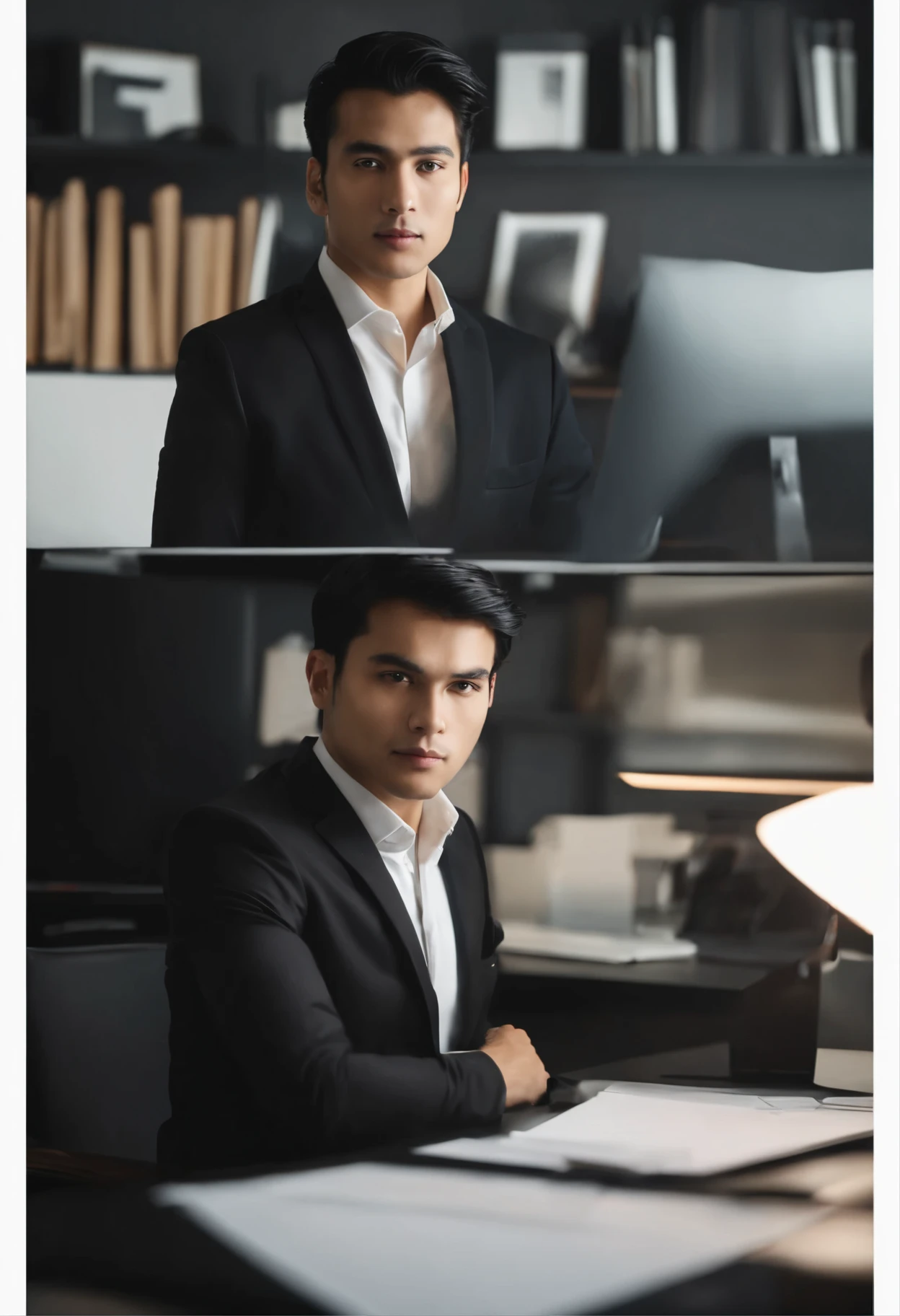 sharp focus, studio lighting a professional young architect setting a corporate head office , wearing a nice black suit , medium long black hair, weight 80 kg, headshot