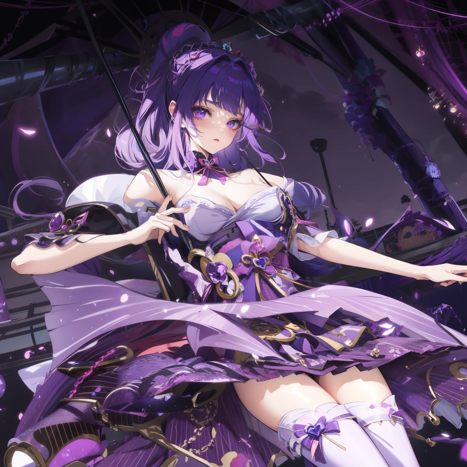 Anime girl in purple skirt holding umbrella in dark room, Moon themed clothing, fantasy costumes, rococo cyberpunk, Elegant Gothic Princess, black and purple clothing, gothic shoujo anime girl, Astral Witch Clothes, ta fashion, ((beautiful fantasy queen)), Charming hypnotic woman, Dress up in dreamy formal attire, lulua workshop, fairy tale core, I'm going