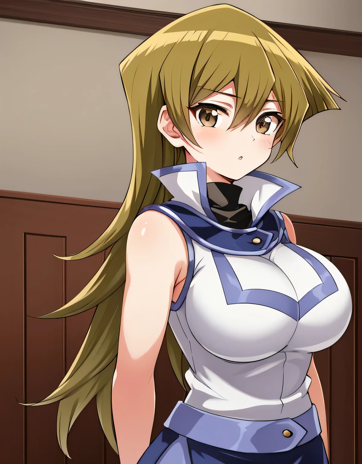 TenjouinAsukaDef,long hair,前hair,hair between eyes,brown eyes, long hair, skirt, shirt, bare shoulders, school uniform, white shirt, No sleeve, shiny, belt, miniskirt, blue skirt, No sleeve shirt, turtleneck, Duel Academy uniform (Yu-Gi-Oh! GX), tenjouin asuka,indoor hall,(big breasts:1.5),shiny,hair,((alone)),((masterpiece)),((highest quality)),perfect anatomy,slim waist,perfect image,8k UHD,(detailed and beautiful eyes:1.3),highly detailed face,Are standing,(Upper body:1.1),(look ahead:1.1),back arm,super detailed,disorganized,High resolution,