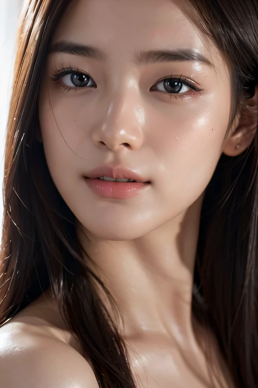 (Enhances the beauty of skin texture:1.1), highest quality、masterpiece, ultra high resolution、(Photoreal:1.4)、RAW photo、1 girl、shiny skin, wet body, dramatic lighting, RAW photo, table top:1.3, Super high resolution:1.0, sharp focus:1.2, beautiful woman with perfect figure:1.4, thin abs:1.2, wet body:1.5, Highly detailed face and skin texture, fine eyes, double eyelid, perfect facial balance, Clean system, smile, Soft light in a beautiful studio, rim light, vivid details, surreal, fine and beautiful skin, realistic skin, rubber suit, beautiful face, Beautiful woman, high solution face, Soft texture, nude, close up of face, glorious skin, face of glory, 