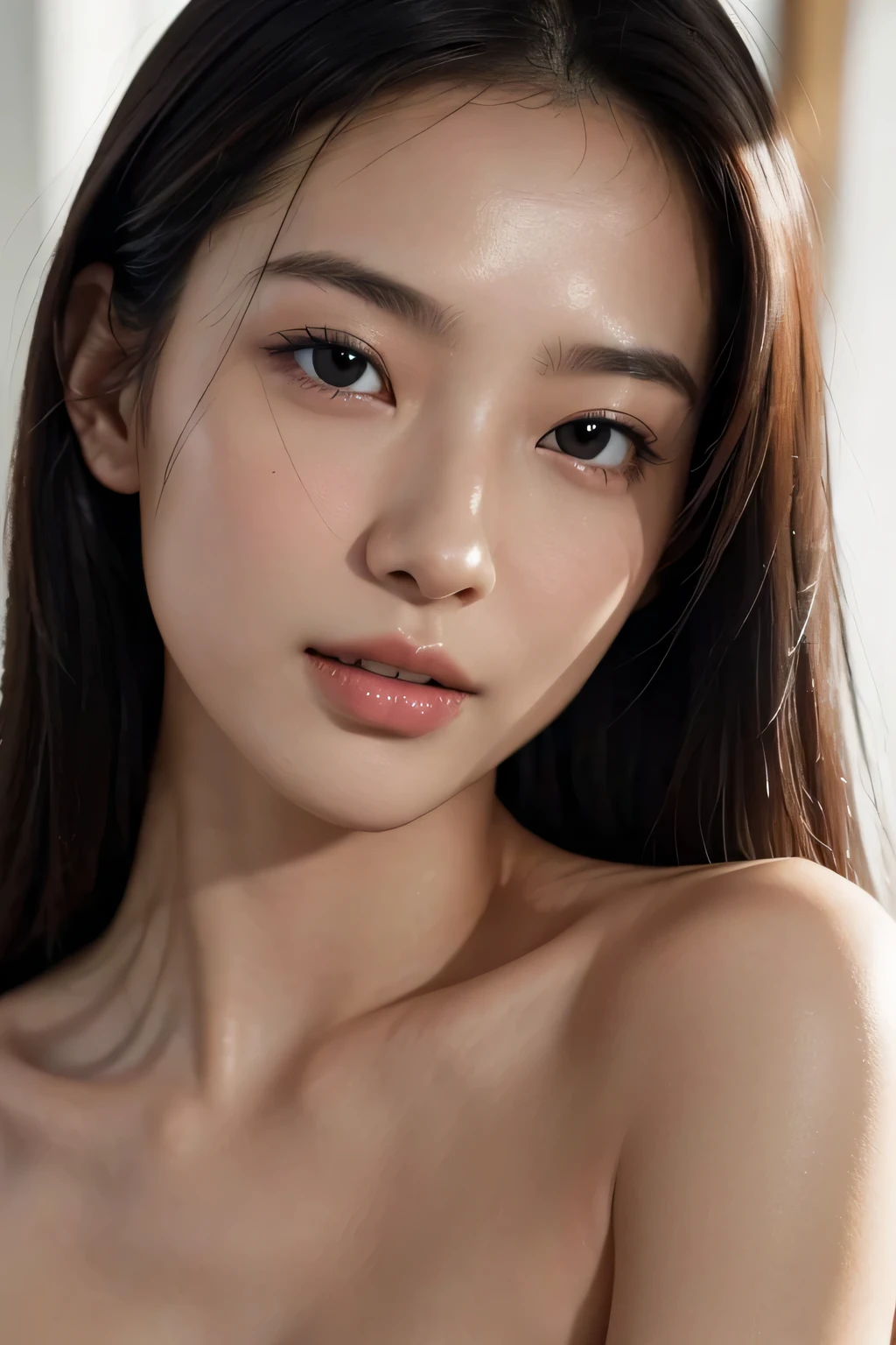 (Enhances the beauty of skin texture:1.1), (Enhances the beauty of skin texture:1.1), highest quality、masterpiece, ultra high resolution、(Photoreal:1.4)、RAW photo、1 girl、shiny skin, dramatic lighting, RAW photo, table top:1.3, ultra high resolution:1.0, sharp focus:1.2, beautiful woman with perfect figure:1.4, thin abs:1.2, Highly detailed face and skin texture, fine eyes, double eyelid, perfect facial balance, clean system, smile, Soft light in a beautiful studio, rim light, vivid details, surreal, Fine and beautiful skin, realistic skin, beautiful face, Beautiful woman, high solution face, soft texture, nude, close up of face, glowing skin, face of glory, crazy high resolution, glowing skin, shining face, luster, oily skin, oily face, close up of face, zoom on face, oily skin, oily face, 強いluster, beautiful hair, Kitagawa Keiko、Kuroki Meisa, Whitening skin, porcelain skin, smooth skin