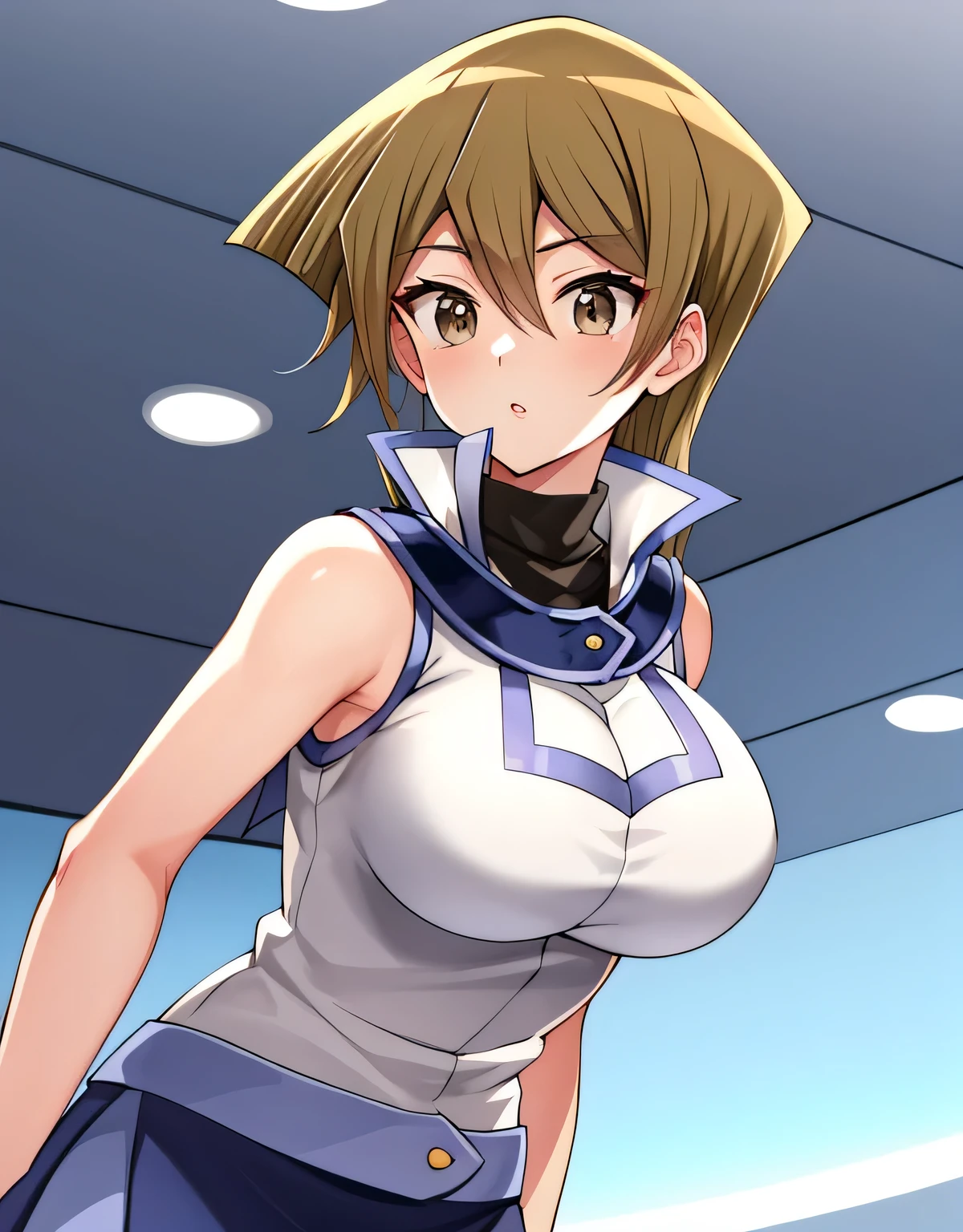 TenjouinAsukaDef,long hair,前hair,hair between eyes,brown eyes, long hair, skirt, shirt, bare shoulders, school uniform, white shirt, No sleeve, shiny, belt, miniskirt, blue skirt, No sleeve shirt, turtleneck, Duel Academy uniform (Yu-Gi-Oh! GX), tenjouin asuka,indoor hall,(big breasts:1.5),shiny,hair,((alone)),((masterpiece)),((highest quality)),perfect anatomy,slim waist,perfect image,8k UHD,(detailed and beautiful eyes:1.3),highly detailed face,Are standing,(Upper body:1.1),(look ahead:1.1),back arm,super detailed,disorganized,High resolution,