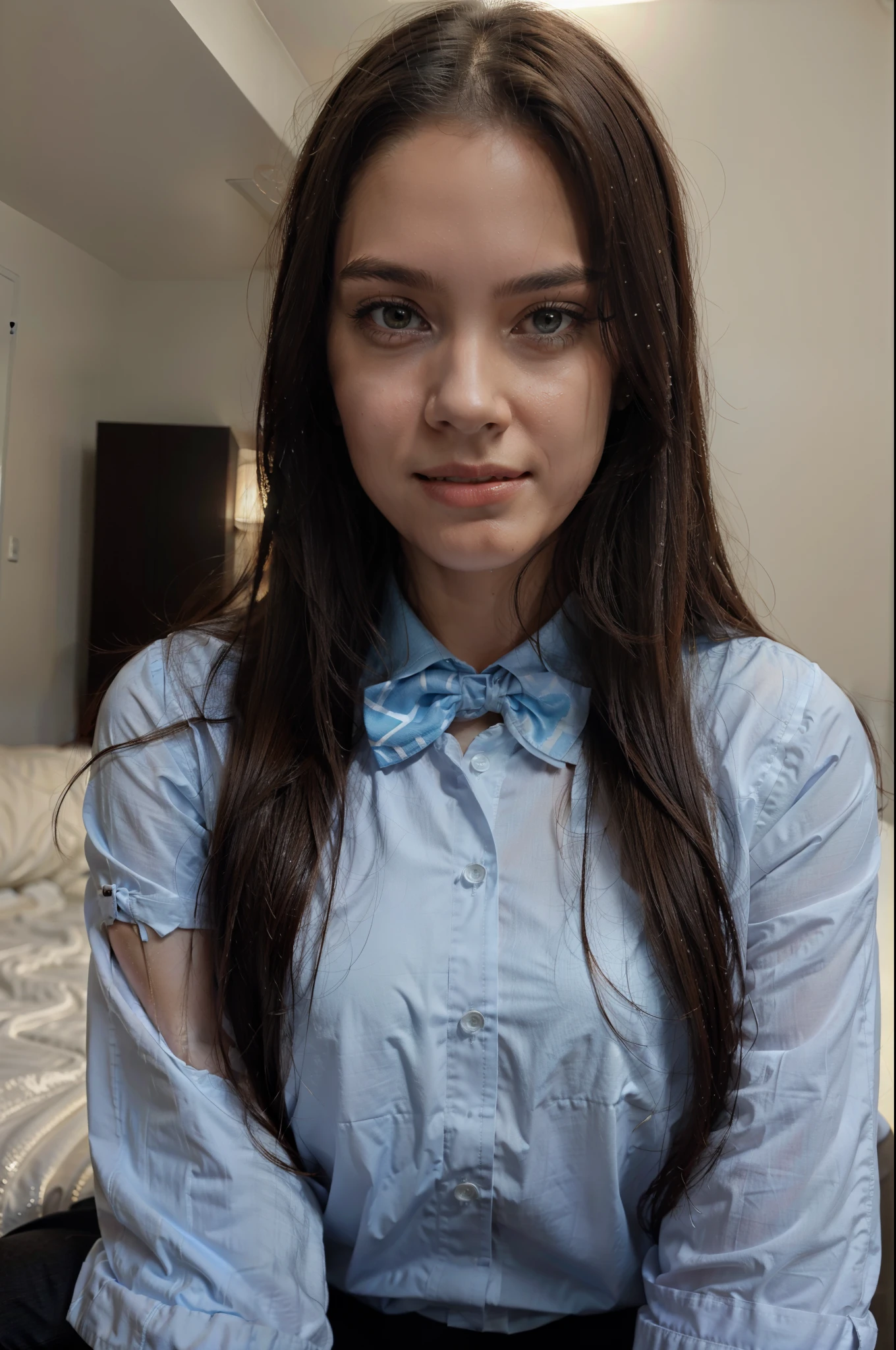 (8k, best quality, masterpiece)1.2, (realistic, photo-realistic)1.4, ultra-detailed, 1 girl,cute, solo,beautiful detailed sky,detailed on bed,night,sitting,dating,(nose blush)+,(smile)1.2,(closed mouth)+ small breasts,beautiful detailed eyes,1.1, night, wet, bowtie,business attire, rain,bule shirt, (long hair)1.2,floating hair NovaFrogStyle, cyber, future