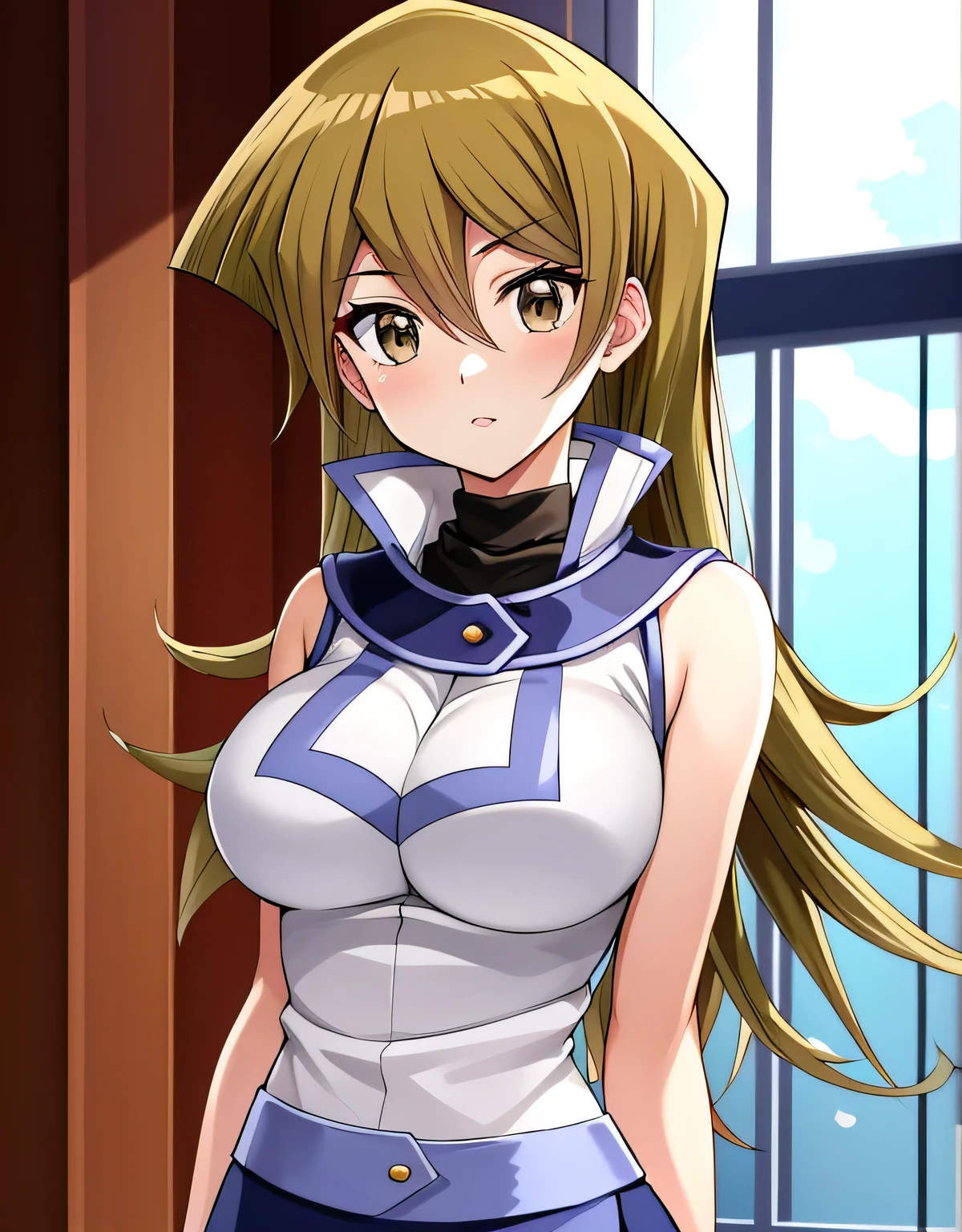 TenjouinAsukaDef,long hair,前hair,hair between eyes,brown eyes, long hair, skirt, shirt, bare shoulders, school uniform, white shirt, No sleeve, shiny, belt, miniskirt, blue skirt, No sleeve shirt, turtleneck, Duel Academy uniform (Yu-Gi-Oh! GX), tenjouin asuka,indoor hall,(big breasts:1.5),shiny,hair,((alone)),((masterpiece)),((highest quality)),perfect anatomy,slim waist,perfect image,8k UHD,(detailed and beautiful eyes:1.3),highly detailed face,Are standing,(Upper body:1.1),(look ahead:1.1),back arm,super detailed,disorganized,High resolution,