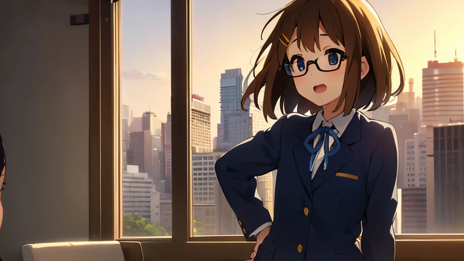 1girl, (((masterpiece))), top-quality, top-quality, High Details, Hirasawa Yui, 1girl, Sakuragaoka High School Uniform, student clothes, two yellow hairpin, short hair, A brown-haired, brown-eyed, glasses, 独奏, reddish, Dark blue blazer with thin blue ribbon, Solid white buttoned shirt under blazer, read a book, illustratio, comic strip, soothing tones, Subdued Color, Soft cinematic light, adobe lightroom, photolab, HDR, intricately and hyper-detailed、(((depth of fields))))。(((masterpiece)))。(((top-quality))).)((ultra-detailliert)))。(((illustratio)))。(((takeout))).dynamic focus.big breasts.(((Skyscrapers))).(((A city scape))).(((Face of happiness))). open mouth.(((put hands on the hip))).(((up chest))).((afternoon glow)).((the setting sun)).