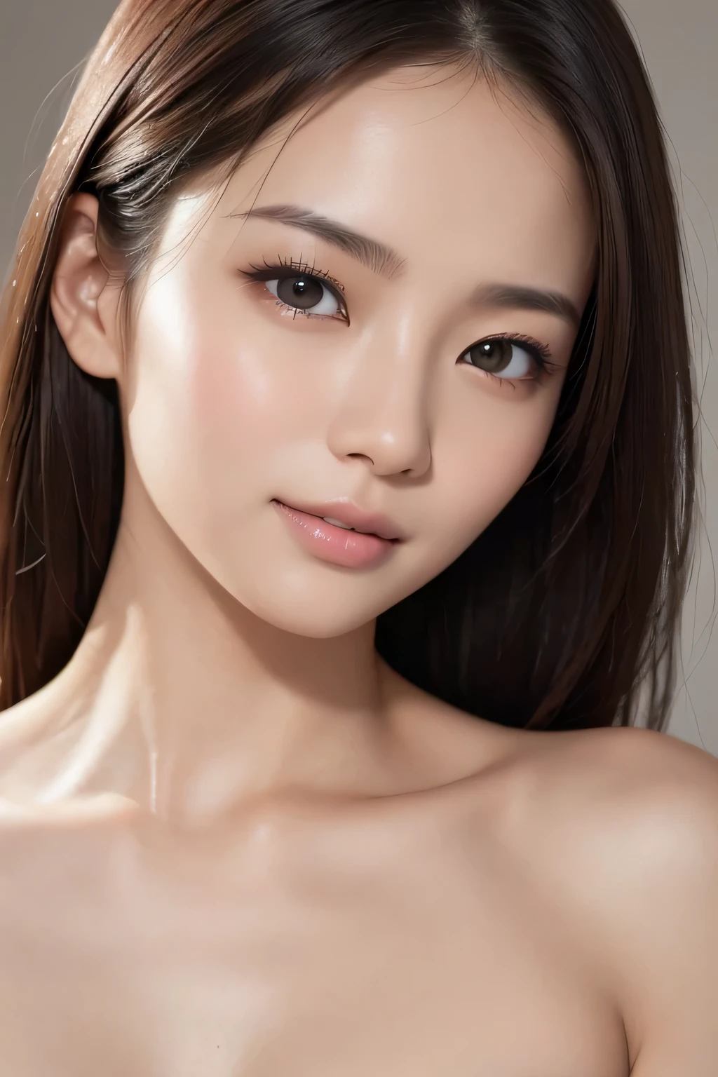 (Enhances the beauty of skin texture:1.1), (Enhances the beauty of skin texture:1.1), highest quality、masterpiece, ultra high resolution、(Photoreal:1.4)、RAW photo、1 girl、shiny skin, dramatic lighting, RAW photo, table top:1.3, ultra high resolution:1.0, sharp focus:1.2, beautiful woman with perfect figure:1.4, thin abs:1.2, Highly detailed face and skin texture, fine eyes, double eyelid, perfect facial balance, clean system, smile, Soft light in a beautiful studio, rim light, vivid details, surreal, Fine and beautiful skin, realistic skin, beautiful face, Beautiful woman, high solution face, soft texture, nude, close up of face, glowing skin, face of glory, crazy high resolution, glowing skin, shining face, luster, oily skin, oily face, close up of face, zoom on face, oily skin, oily face, 強いluster, beautiful hair, Kitagawa Keiko、Kuroki Meisa, Whitening skin, porcelain skin, smooth skin