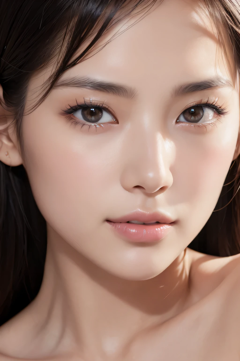 (Enhances the beauty of skin texture:1.1), (Enhances the beauty of skin texture:1.1), highest quality、masterpiece, ultra high resolution、(Photoreal:1.4)、RAW photo、1 girl、shiny skin, dramatic lighting, RAW photo, table top:1.3, ultra high resolution:1.0, sharp focus:1.2, beautiful woman with perfect figure:1.4, thin abs:1.2, Highly detailed face and skin texture, fine eyes, double eyelid, perfect facial balance, clean system, smile, Soft light in a beautiful studio, rim light, vivid details, surreal, Fine and beautiful skin, realistic skin, beautiful face, Beautiful woman, high solution face, soft texture, nude, close up of face, glowing skin, face of glory, crazy high resolution, glowing skin, shining face, luster, oily skin, oily face, close up of face, zoom on face, oily skin, oily face, 強いluster, beautiful hair, Kitagawa Keiko、Kuroki Meisa, Whitening skin, porcelain skin, smooth skin