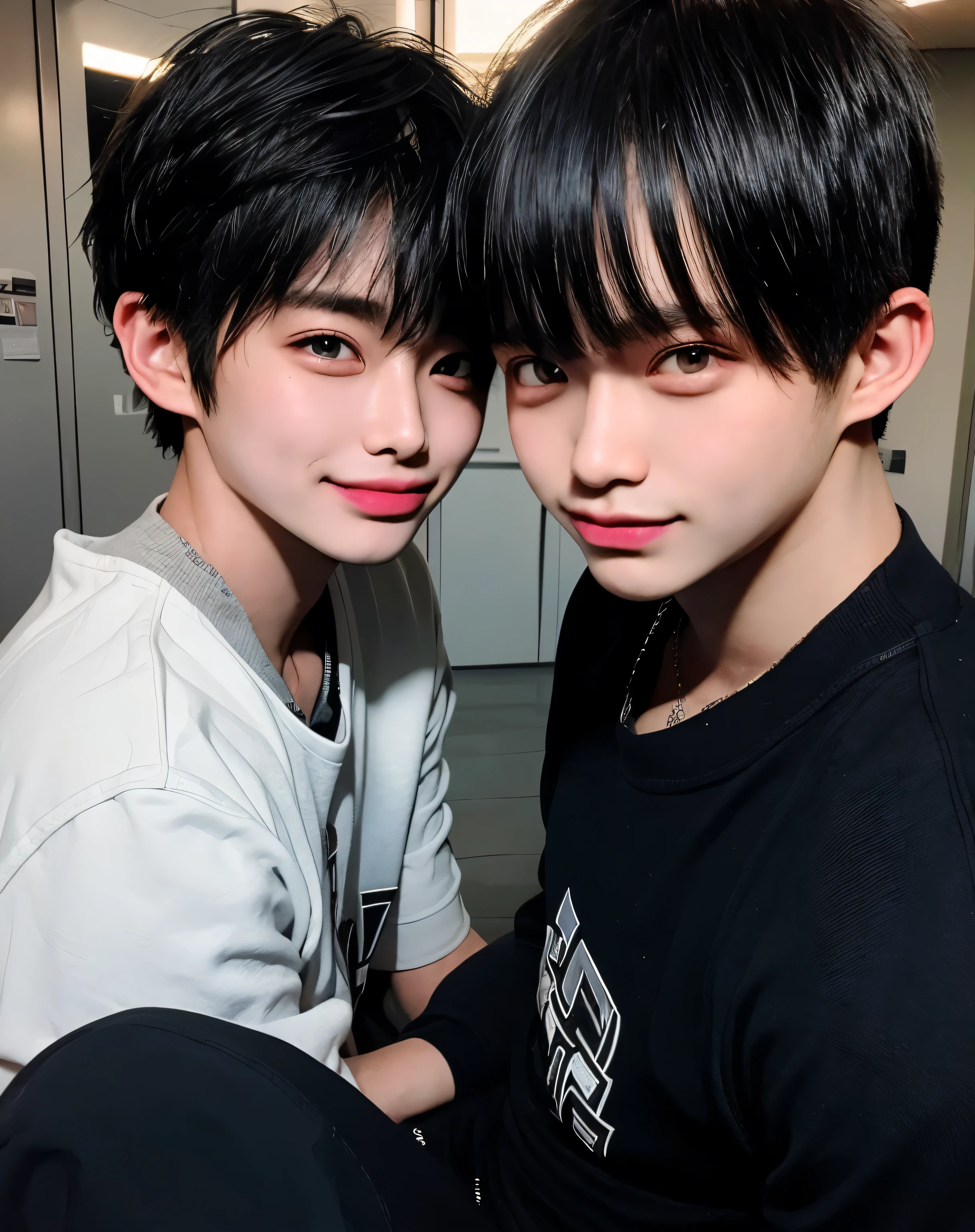 smile、2 males、Facing each other、embarrassing、Beautiful boy absurd masterpiece HDR high quality image , handsome face, detailed face, shy smile、((open your mouth and smile))、look up、blue hair , very short hair, ((messy cut hairstyle:1 )) , gray eyes, white skin , ((muscular:1)),masculine ,18-year-old ,
Varsity team wear, topless , The man is sitting comfortably with his legs spread apart'locker room, beautiful background, Masterpiece landscape