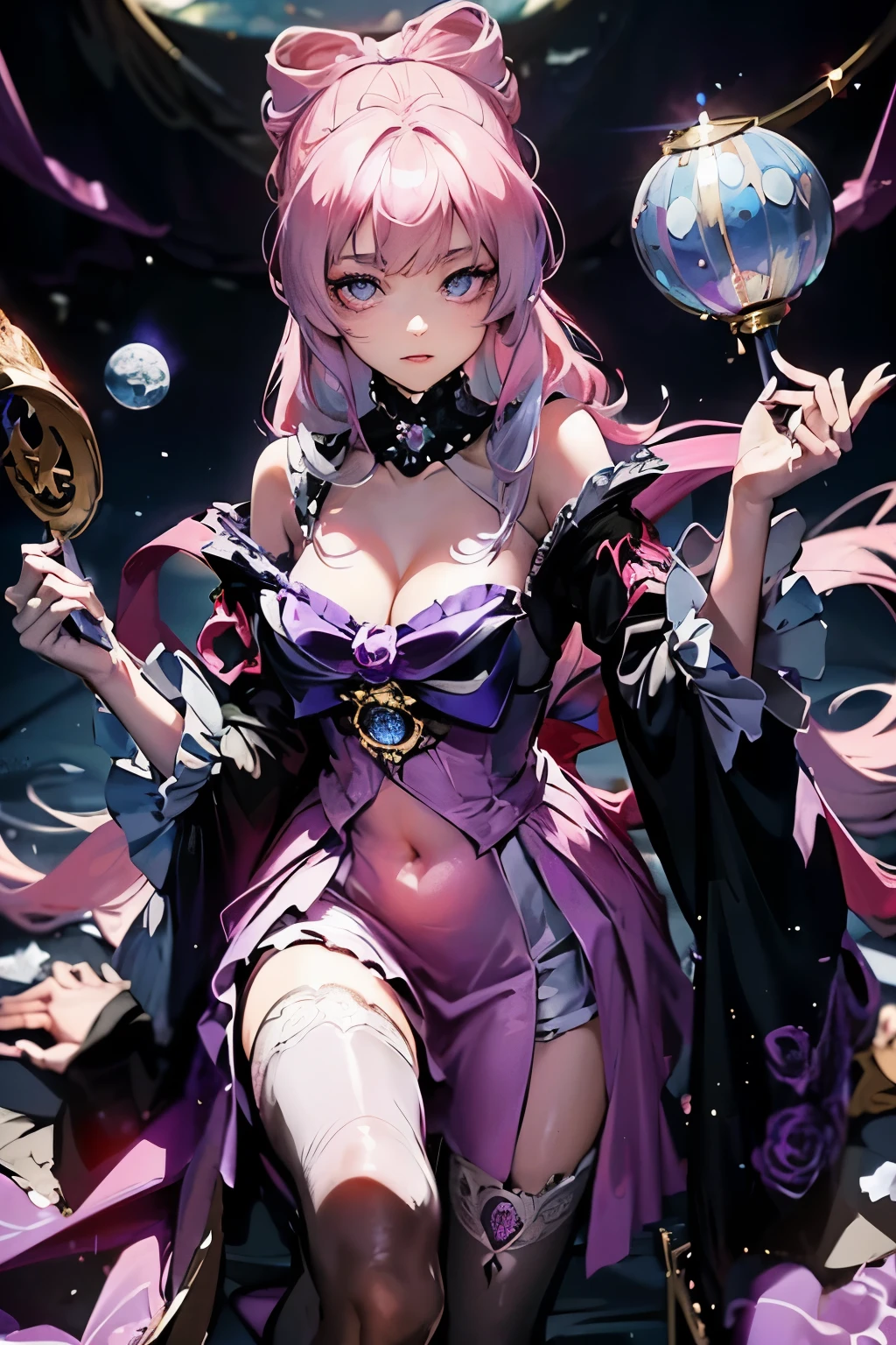 Anime girl in purple skirt holding umbrella in dark room, Moon themed clothing, fantasy costumes, rococo cyberpunk, Elegant Gothic Princess, black and purple clothing, gothic shoujo anime girl, Astral Witch Clothes, ta fashion, ((beautiful fantasy queen)), Charming hypnotic woman, Dress up in dreamy formal attire, lulua workshop, fairy tale core, I'm going