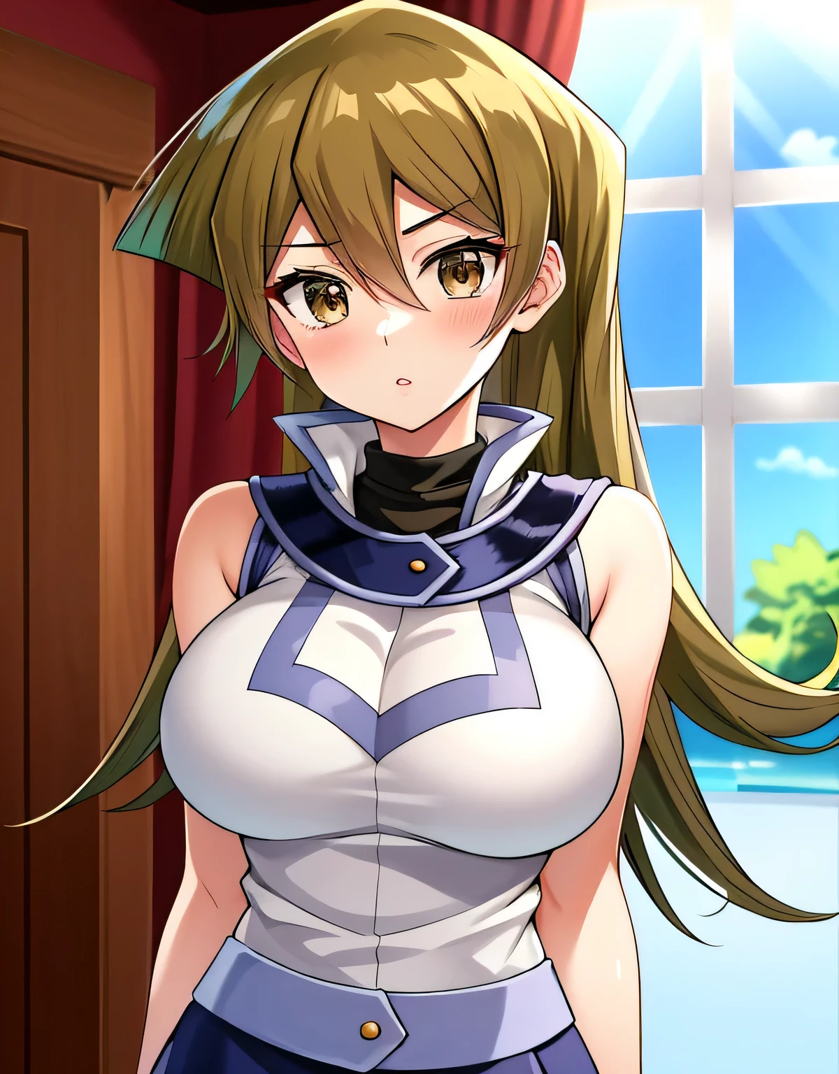 TenjouinAsukaDef,long hair,前hair,hair between eyes,brown eyes, long hair, skirt, shirt, bare shoulders, school uniform, white shirt, No sleeve, shiny, belt, miniskirt, blue skirt, No sleeve shirt, turtleneck, Duel Academy uniform (Yu-Gi-Oh! GX), tenjouin asuka,indoor hall,(big breasts:1.5),shiny,hair,((alone)),((masterpiece)),((highest quality)),perfect anatomy,slim waist,perfect image,8k UHD,(detailed and beautiful eyes:1.3),highly detailed face,Are standing,(Upper body:1.1),(look ahead:1.1),back arm,super detailed,disorganized,High resolution,