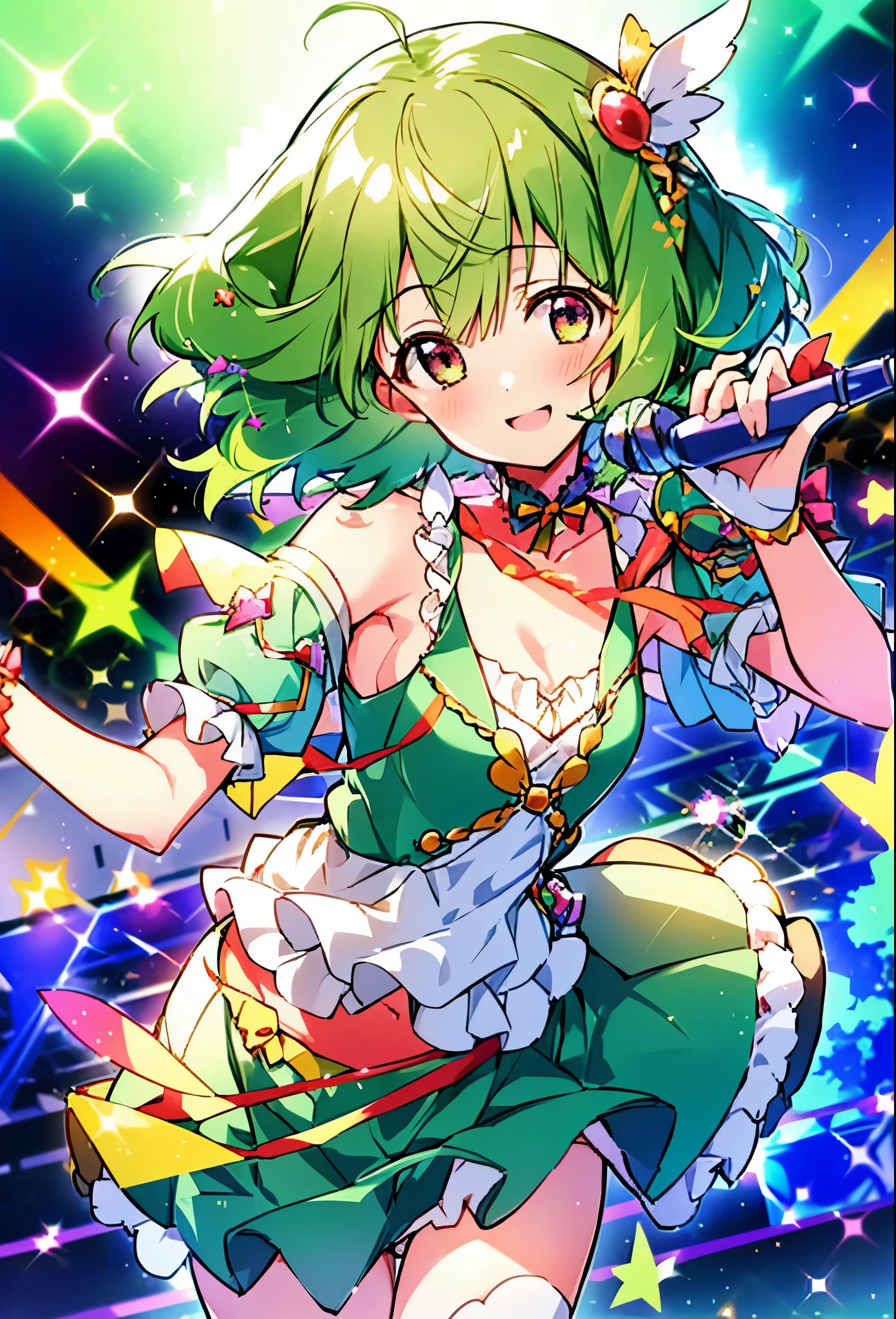 (anime:1.1), highest quality, table top,
1 girl, Ranka Lee,Macross Frontier　Ranka Lee, green hair, short hair、bob hair,small breasts, blue eyes, mature woman,  looking at the viewer, smile，stage performance, hot air，Idol style green kimono,white knee high socks，jumping,，アイドルsinger standing in the center of the stage，アイドルsinger holding a microphone and singing， アイドルsinger&#39;serious and powerful expression. singer&#39;&#39;&#39;voice is strong and beautiful，fans gather around the stage， ファンはアイドルsingerと一緒に歌ったり踊ったりしています