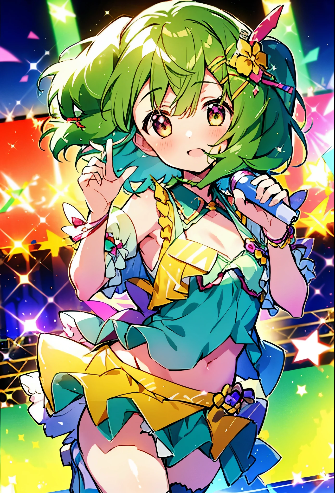 (anime:1.1), highest quality, table top,
1 girl, Ranka Lee,Macross Frontier　Ranka Lee, green hair, short hair、bob hair,small breasts, blue eyes, mature woman,  looking at the viewer, smile，stage performance, hot air，Idol style green kimono,white knee high socks，jumping,，アイドルsinger standing in the center of the stage，アイドルsinger holding a microphone and singing， アイドルsinger&#39;serious and powerful expression. singer&#39;&#39;&#39;voice is strong and beautiful，fans gather around the stage， ファンはアイドルsingerと一緒に歌ったり踊ったりしています