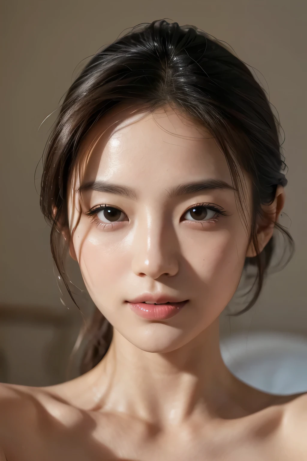 (Enhances the beauty of skin texture:1.1), (Enhances the beauty of skin texture:1.1), highest quality、masterpiece, ultra high resolution、(Photoreal:1.4)、RAW photo、1 girl、shiny skin, dramatic lighting, RAW photo, table top:1.3, ultra high resolution:1.0, sharp focus:1.2, beautiful woman with perfect figure:1.4, thin abs:1.2, Highly detailed face and skin texture, fine eyes, double eyelid, perfect facial balance, clean system, smile, Soft light in a beautiful studio, rim light, vivid details, surreal, Fine and beautiful skin, realistic skin, beautiful face, Beautiful woman, high solution face, soft texture, nude, close up of face, glowing skin, face of glory, crazy high resolution, glowing skin, shining face, luster, oily skin, oily face, close up of face, zoom on face, oily skin, oily face, 強いluster, beautiful hair, Kitagawa Keiko、Kuroki Meisa, Whitening skin, porcelain skin, smooth skin