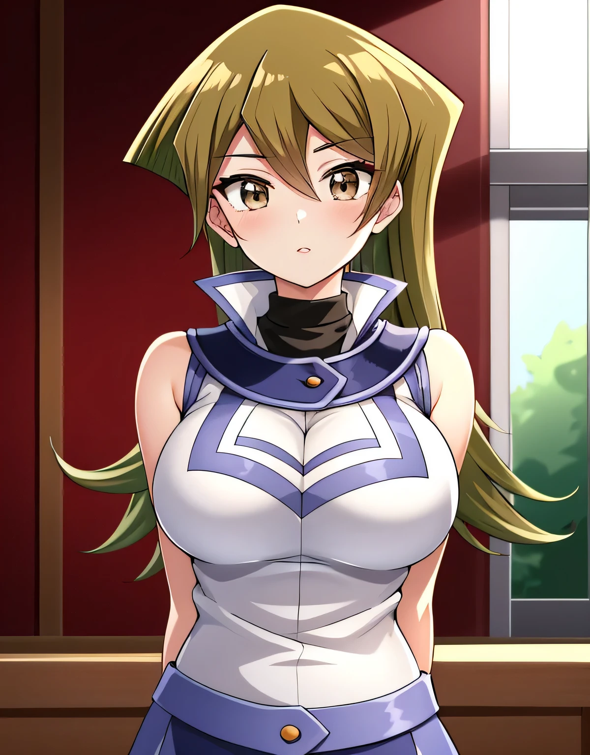 TenjouinAsukaDef,long hair,前hair,hair between eyes,brown eyes, long hair, skirt, shirt, bare shoulders, school uniform, white shirt, No sleeve, shiny, belt, miniskirt, blue skirt, No sleeve shirt, turtleneck, Duel Academy uniform (Yu-Gi-Oh! GX), tenjouin asuka,indoor hall,(big breasts:1.5),shiny,hair,((alone)),((masterpiece)),((highest quality)),perfect anatomy,slim waist,perfect image,8k UHD,(detailed and beautiful eyes:1.3),highly detailed face,Are standing,(Upper body:1.1),(look ahead:1.1),back arm,super detailed,disorganized,High resolution,