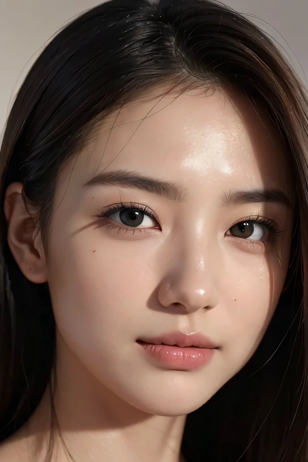 (Enhances the beauty of skin texture:1.1), (Enhances the beauty of skin texture:1.1), highest quality、masterpiece, ultra high resolution、(Photoreal:1.4)、RAW photo、1 girl、shiny skin, dramatic lighting, RAW photo, table top:1.3, ultra high resolution:1.0, sharp focus:1.2, beautiful woman with perfect figure:1.4, thin abs:1.2, Highly detailed face and skin texture, fine eyes, double eyelid, perfect facial balance, clean system, smile, Soft light in a beautiful studio, rim light, vivid details, surreal, Fine and beautiful skin, realistic skin, beautiful face, Beautiful woman, high solution face, soft texture, nude, close up of face, glowing skin, face of glory, crazy high resolution, glowing skin, shining face, luster, oily skin, oily face, close up of face, zoom on face, oily skin, oily face, 強いluster, beautiful hair, Kitagawa Keiko、Kuroki Meisa, Whitening skin, porcelain skin, smooth skin