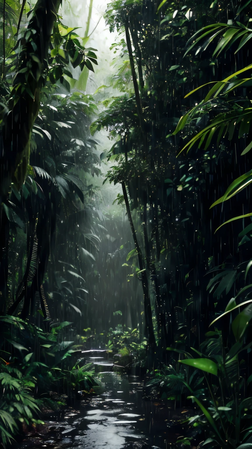 A jungle, with intense rainfall, monochromatic, vines all around, giant and wet trees, masterpiece, best quality, high quality, extremely detailed CG unity 8k wallpaper, oil paiting, award winning photography, Bokeh, Depth of Field, HDR, bloom, Chromatic Aberration ,Photorealistic,extremely detailed, trending on artstation, trending on CGsociety, Intricate, High Detail, dramatic, art by midjourney, volumetric lighting