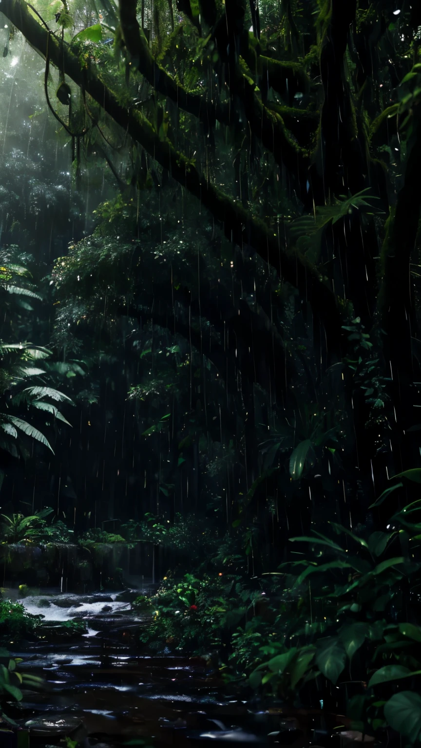 A jungle, with intense rainfall, monochromatic, vines all around, giant and wet trees, masterpiece, best quality, high quality, extremely detailed CG unity 8k wallpaper, oil paiting, award winning photography, Bokeh, Depth of Field, HDR, bloom, Chromatic Aberration ,Photorealistic,extremely detailed, trending on artstation, trending on CGsociety, Intricate, High Detail, dramatic, art by midjourney, volumetric lighting