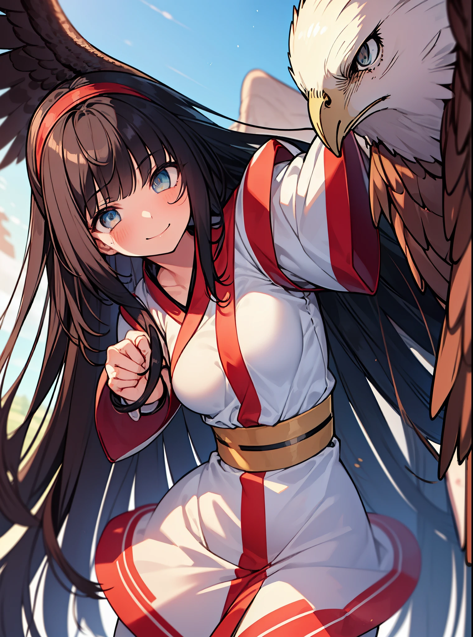 8k,highest quality,masterpiece,1 girl, an eagle, stagnation, red bow, bow, long hair, hair bow, alone, hair band, black hair,  sash, bangs, red hair band, chest, brown ruby eyes, smile,blush,Japanese high school girl uniform(black sailor suit),小さなchest,pink cardigan,pleated skirt,(Smooth pointing flies towards the eagle：1.3），bird view ,School　Back of school building,peek from below,(masterpiece:1.2), highest quality, High resolution, unity 8k wallpaper, (shape:0.8), (beautiful and detailed eyes:1.6), highly detailed face, perfect lighting, Very detailed CG, (perfect hands, perfect anatomy),