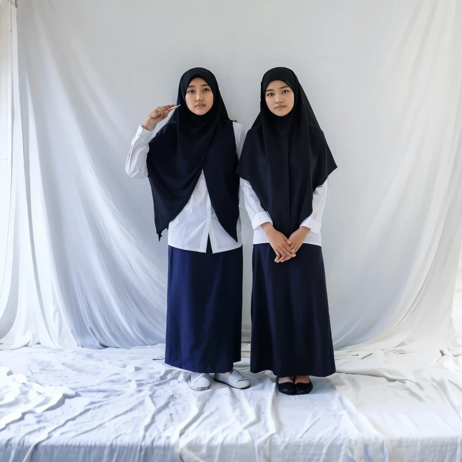 (pp clothes), (realistic), (1 girl), (1 ghost), A hijab girl sees the ghost and peed herself, standing position, peeing herself on to skirt, peeing:1.3, urination:1.3, pee stain:1.2, pee puddle:1.1, view to viewer
