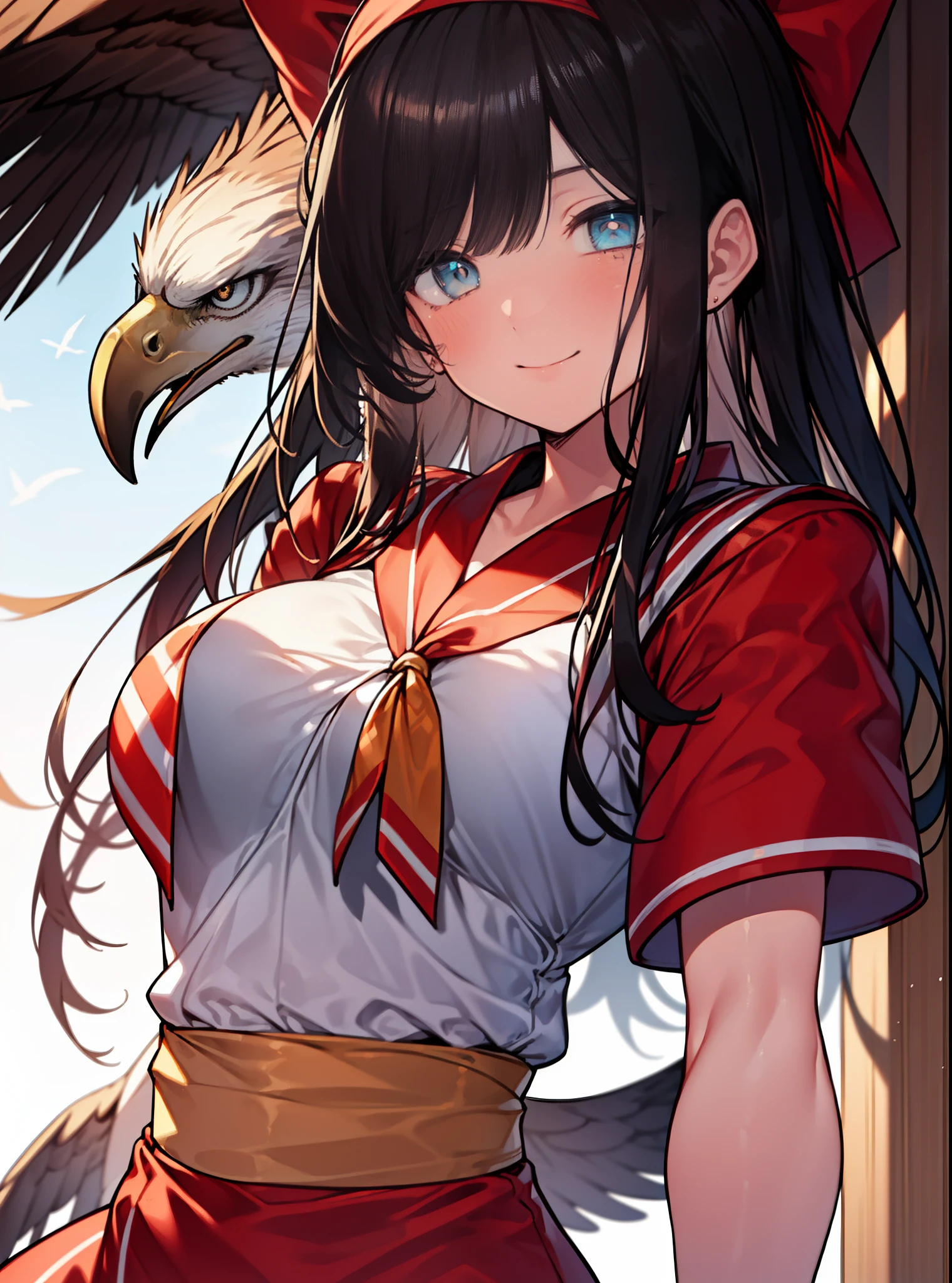 8k,highest quality,masterpiece,1 girl, an eagle, stagnation, red bow, bow, long hair, hair bow, alone, hair band, black hair,  sash, bangs, red hair band, chest, brown ruby eyes, smile,blush,Japanese high school girl uniform(black sailor suit),小さなchest,pink cardigan,pleated skirt,(Smooth pointing flies towards the eagle：1.3），bird view ,School　Back of school building,peek from below,(masterpiece:1.2), highest quality, High resolution, unity 8k wallpaper, (shape:0.8), (beautiful and detailed eyes:1.6), highly detailed face, perfect lighting, Very detailed CG, (perfect hands, perfect anatomy),