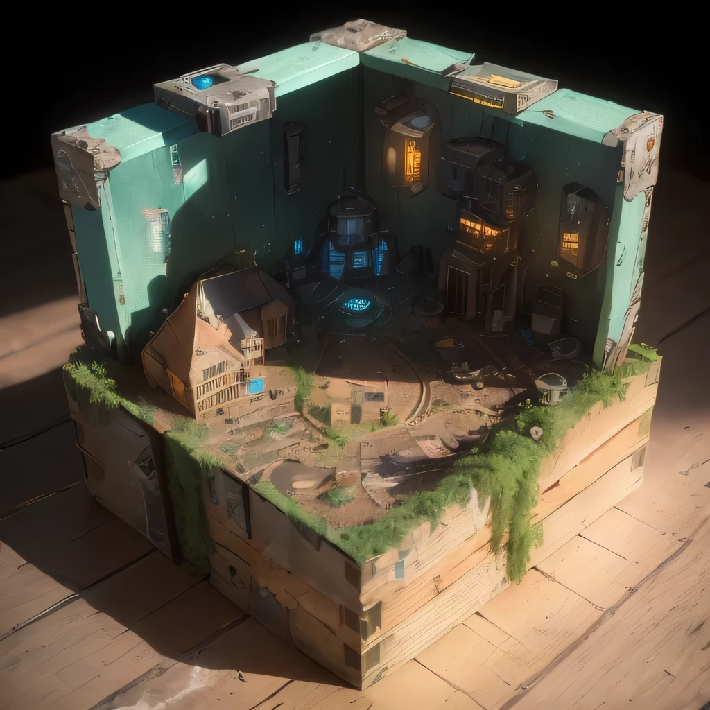 2528年Mars realistic model, (split ends, original photo, best quality, masterpiece:1.4),Steampunk Cyberpunk 6820 City,(CyberpunkMars light:1.3), Mars (related to land),(in a small nature box:1.3),Isometric, small nature, landscape on foundation,landscape,