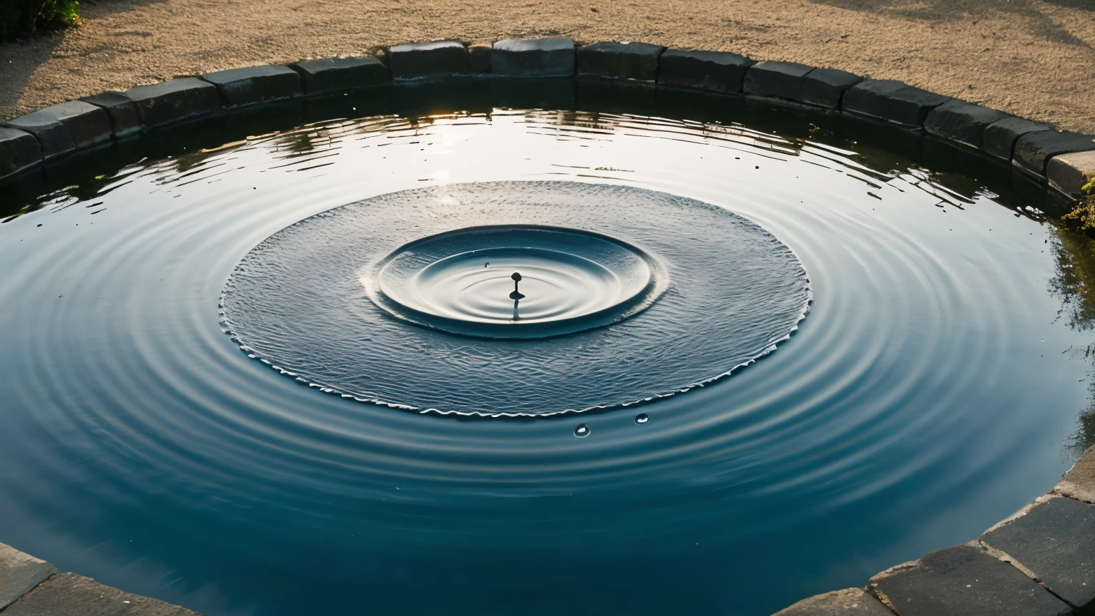 ((best quality)), ((masterpiece)), (detailed), perfect face, A water drop splashes onto a still pond, creating a mesmerizing dance of expanding circles that distort and reflect the surrounding world.