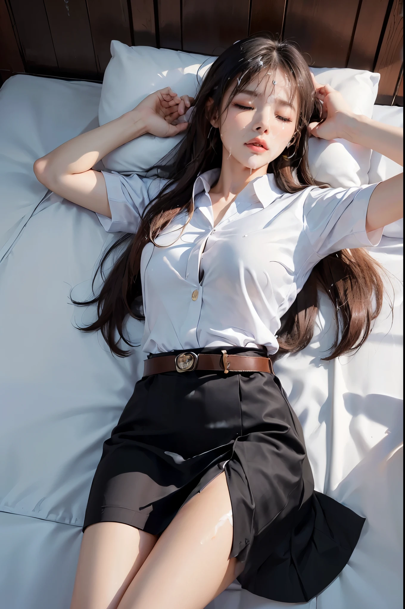 (perfect anatomy, anatomically correct, super detailed skin))), 1 woman, ((Thai university uniform:1.6)), from front, shiny skin, detailed hair, detailed face, detailed eyes, long hair, ((natural bangs)), beautiful body, normal breasts, beautiful thighs, beautiful legs, camel toe, ((detailed cloth texture, button down white shirt, belt, black tight skirt, short skirt:1.3, tattered skirt:1.4, pantyhose, high heel shoes)), white panties, ((eyes closed:1.6)), (sleeping), (lying down flat on back:1.7), ((แขนสองข้างแนบลำตัว:1.9)), on the floor, storeroom, ((unconsciousness:1.7)), (8k, top quality, masterpiece​:1.2, extremely detailed), (realistic, photorealistic:1.4), beautiful illustration, dim room lighting, (semen on forehead:1.2), (semen on thighs:1.8)