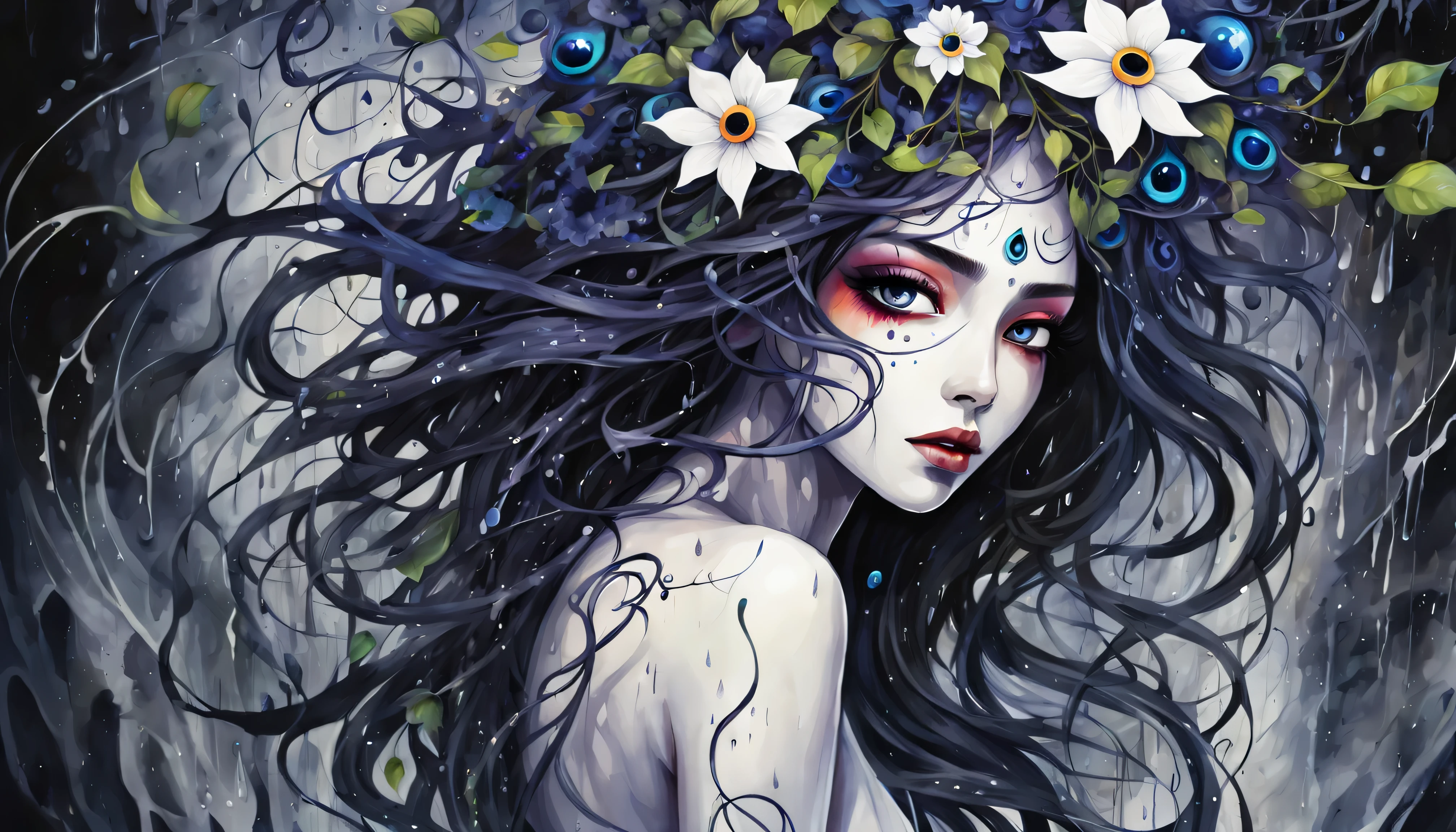 Watercolor paints, Dangerous girl&#39;position of the center of the entire body&#39;head of, dancing, evil eye flower, vines, with the darkest splash, Focusing on dark fantasy fractal flowers, high quality, Drooping rain,the background is white、hair is combed、