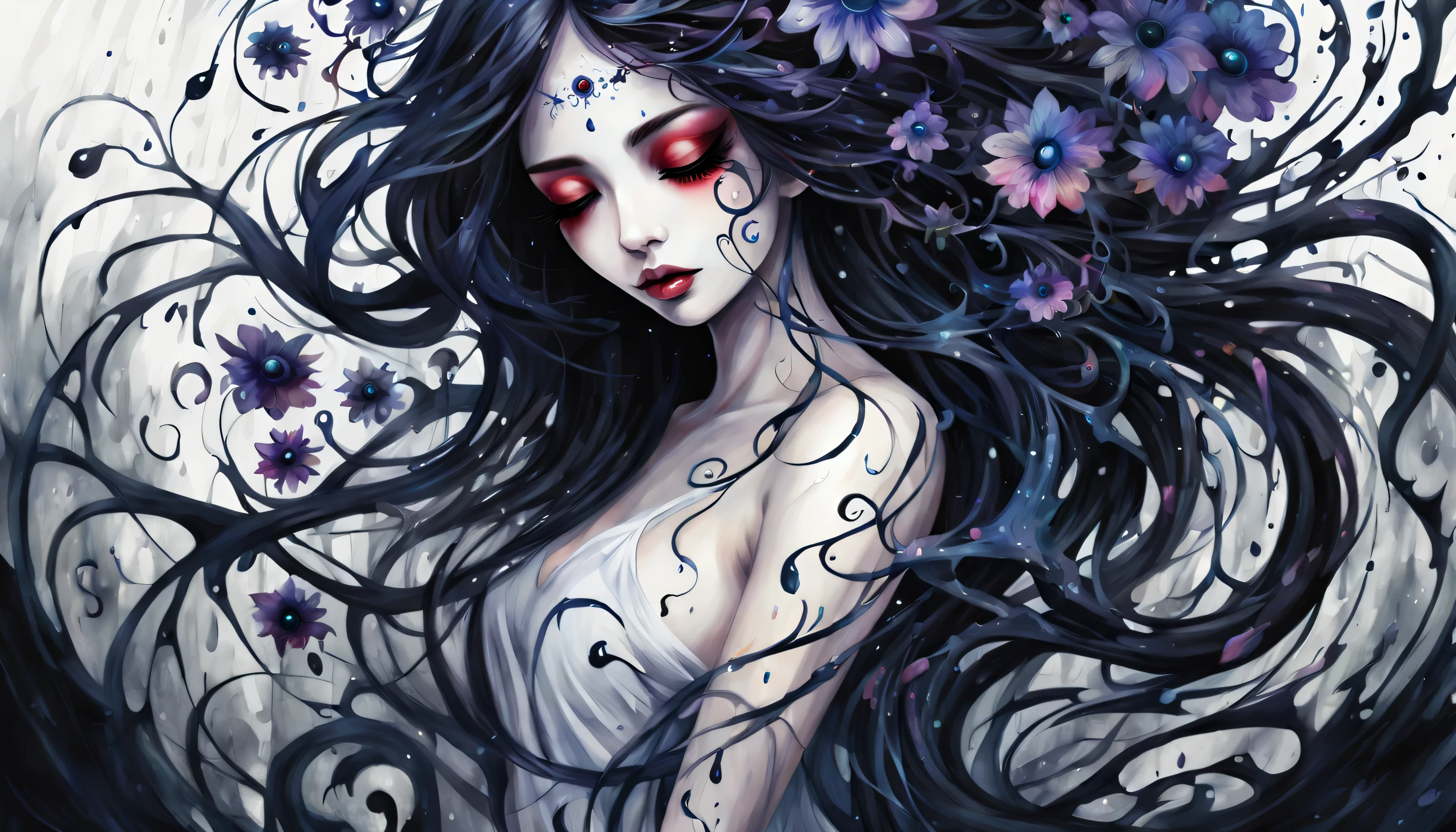 Watercolor paints, Dangerous girl&#39;position of the center of the entire body&#39;head of, dancing, evil eye flower, vines, with the darkest splash, Focusing on dark fantasy fractal flowers, high quality, Drooping rain,the background is white、hair is combed、