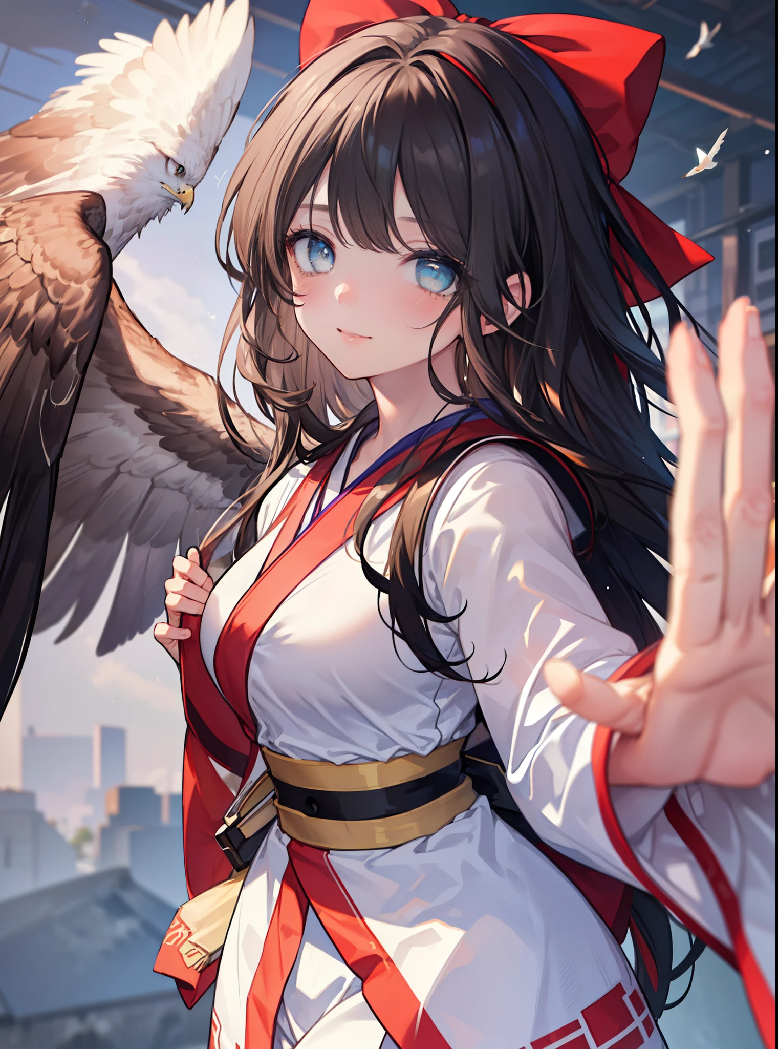 8k,highest quality,masterpiece,1 girl, an eagle, stagnation, red bow, bow, long hair, hair bow, alone, hair band, black hair, sash, bangs, red hair band, chest, brown ruby eyes, smile,blush,Japanese high school girl uniform(black sailor suit),小さなchest,pink cardigan,pleated skirt,(Smooth pointing flies towards the eagle:1.3),bird view ,School Back of school building,peek from below,(masterpiece:1.2), highest quality, High resolution, unity 8k wallpaper, (shape:0.8), (beautiful and detailed eyes:1.6), highly detailed face, perfect lighting, Very detailed CG, (perfect hands, perfect anatomy),