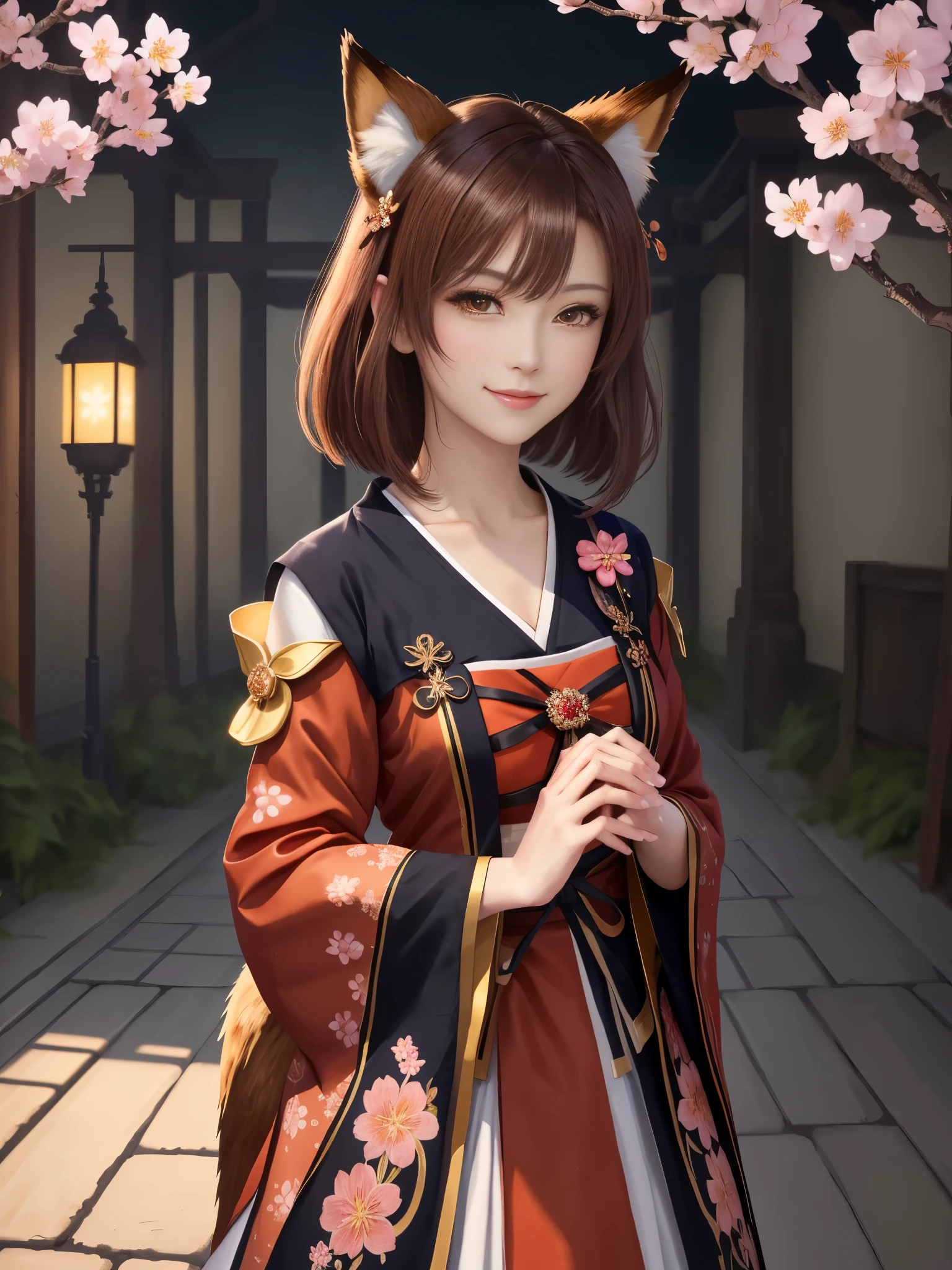 masterpiece , best quality,close up of face,smile,the whole body is facing forward,bright brown hair,brown eyes,sharp contrast,short hair,美しいフォルムのshort hair,just one person,precision quality,Faithfully reproduced eyes, masterpiece, 幻想的なcherry blossom background,cherry blossom background,beautiful details, colorful, delicate details, delicate lips, intricate details, genuine, ultrargenuineista, 枝に座っている色とりどりの髪のFoxを持つ女の子:Mature, bright eyes, ,色とりどりのFox, raposa de nine tails, 三尾Fox, 三尾Fox, onmyoji detail art, beautiful fine art illustration, mythical creatures, Fox, beautiful digital art,shrine maiden,hold hands,exquisite digital illustration, mizutsune, Inspired by mythical wild web creatures, pixiv in digital art, shining light, high contrast, Mysterious,