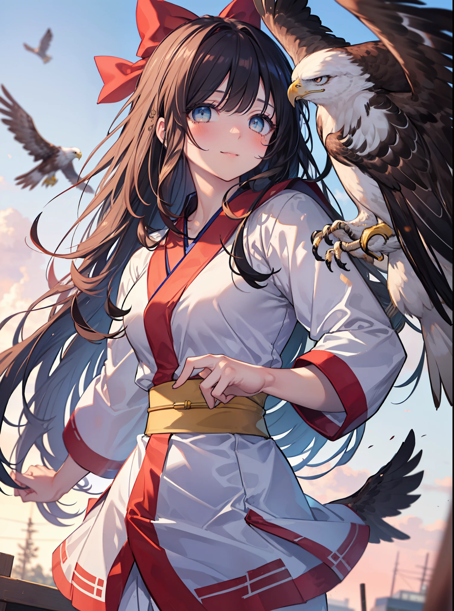 8k,highest quality,masterpiece,1 girl, an eagle, stagnation, red bow, bow, long hair, hair bow, alone, hair band, black hair,  sash, bangs, red hair band, chest, brown ruby eyes, smile,blush,Japanese high school girl uniform(black sailor suit),小さなchest,pink cardigan,pleated skirt,(Smooth pointing flies towards the eagle：1.3），bird view ,School　Back of school building,peek from below,(masterpiece:1.2), highest quality, High resolution, unity 8k wallpaper, (shape:0.8), (beautiful and detailed eyes:1.6), highly detailed face, perfect lighting, Very detailed CG, (perfect hands, perfect anatomy),