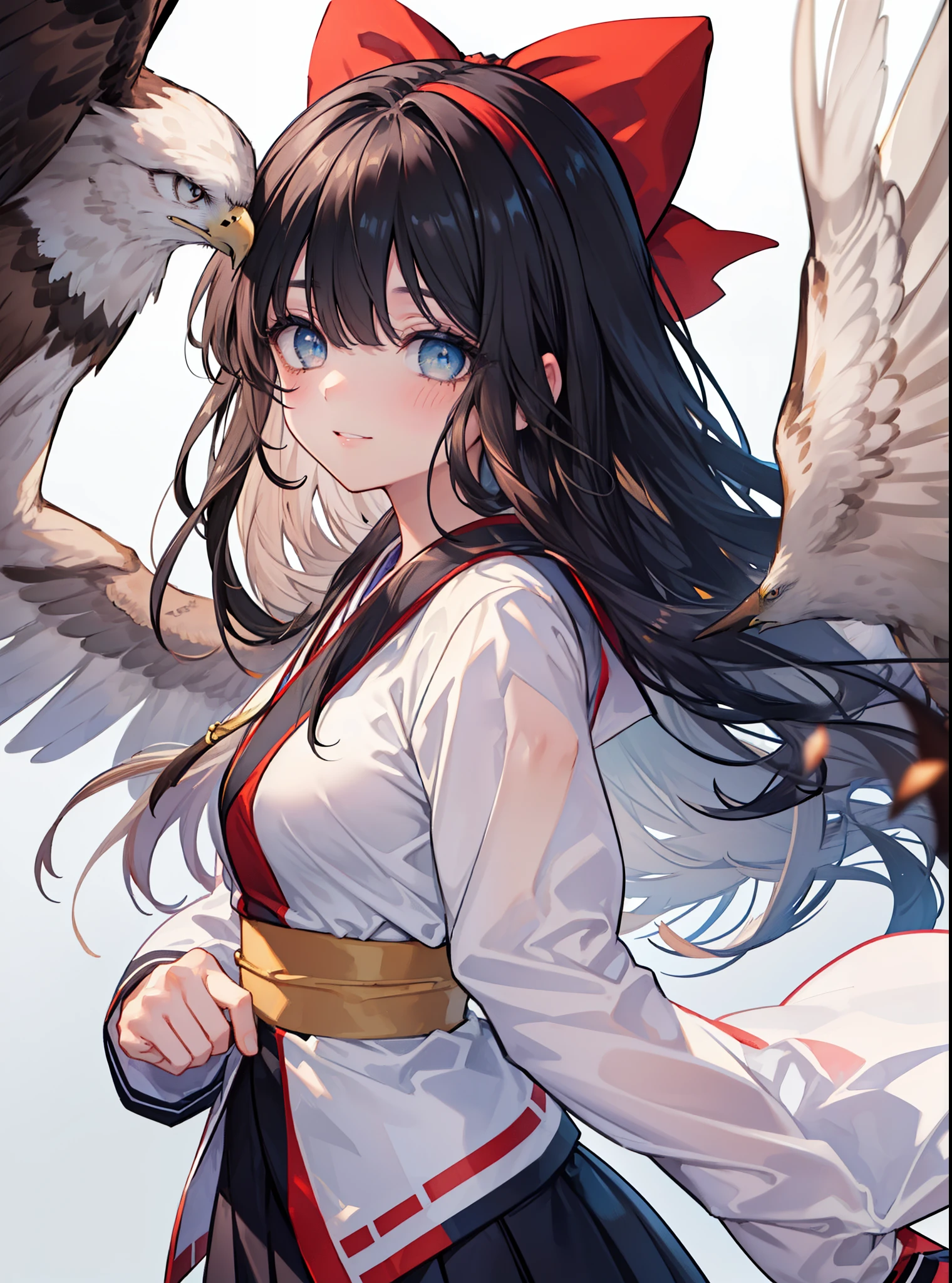 8k,highest quality,masterpiece,1 girl, an eagle, stagnation, red bow, bow, long hair, hair bow, alone, hair band, black hair,  sash, bangs, red hair band, chest, brown ruby eyes, smile,blush,Japanese high school girl uniform(black sailor suit),小さなchest,pink cardigan,pleated skirt,(Smooth pointing flies towards the eagle：1.3），bird view ,School　Back of school building,peek from below,(masterpiece:1.2), highest quality, High resolution, unity 8k wallpaper, (shape:0.8), (beautiful and detailed eyes:1.6), highly detailed face, perfect lighting, Very detailed CG, (perfect hands, perfect anatomy),